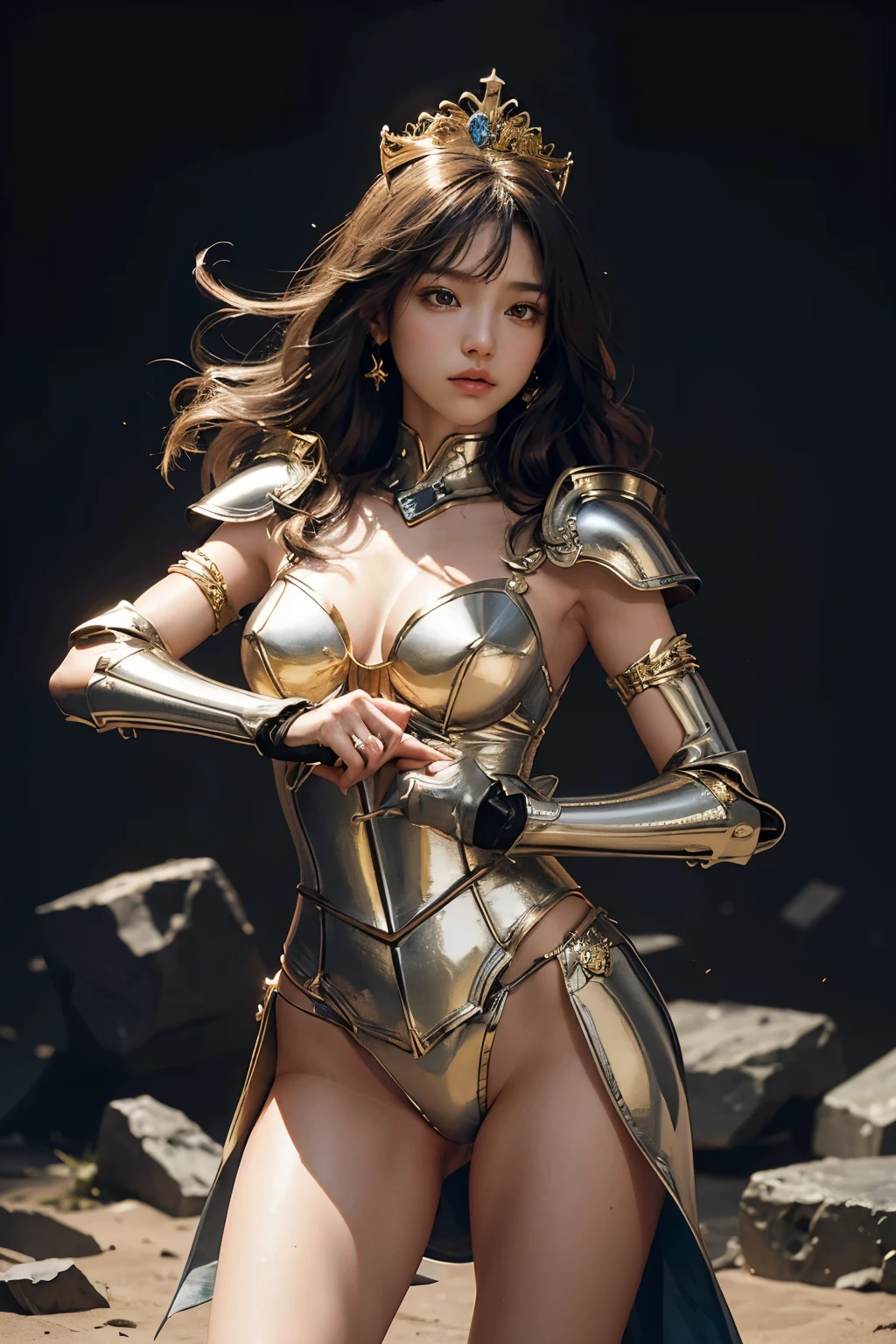 fully body photo，（best qualtiy）， （1girll）， starryskybackground, crown, Wearing shiny gold armor， Sexy lingerie type armor，Expose your chest，Expose the waistline，Exposing thighs，(((martial art))), cool-pose， Saint Seiya Armor， messy hair，high detal, Cinematic lighting, Sparkle, god light, Ray traching, filmgrain, hyper HD, textureskin, super detailing, Anatomical correct, A high resolution，Ultra-high saturation，hight contrast，High-gloss armor，，Serious expressions