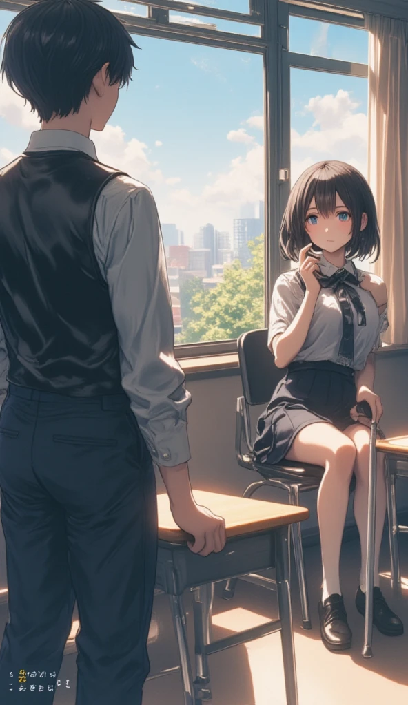   Rear View 、  school classroom、Lunch Break、(((  Rear View 、遠くから女の子を見つめる back view of a boy :1.5、 back view of a boy )))、Classmate girl sitting by the window  、(((  Girl looking out of the window  :1.7)))、Girl holding a cane 、(((遠くからその女の子を見つめる back view of a boy :1.5、 back view of a boy )))、