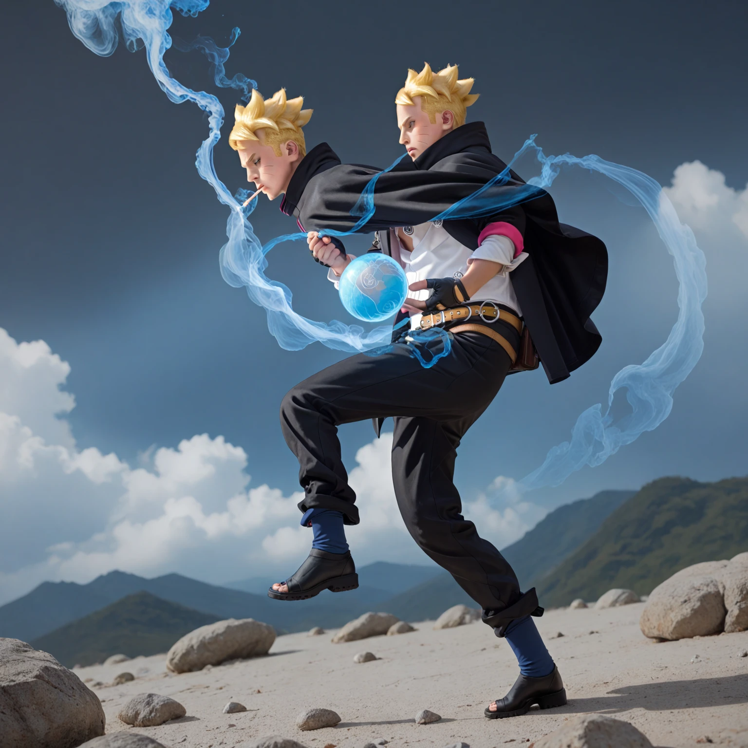 Boruto, 1boy, solo, fight pose, yellow hair, blue eyes, two black lines on the cheek, black cloak, black pants, gloves, rocks background, cowboy shot, one eyes closed,Textured Skin, hand carrying glowing blue ball, glowing ball, blue smokes in ball area, blue smoke vortex in ball, blue smoke overlay, smoking ball, realistic, wind effect