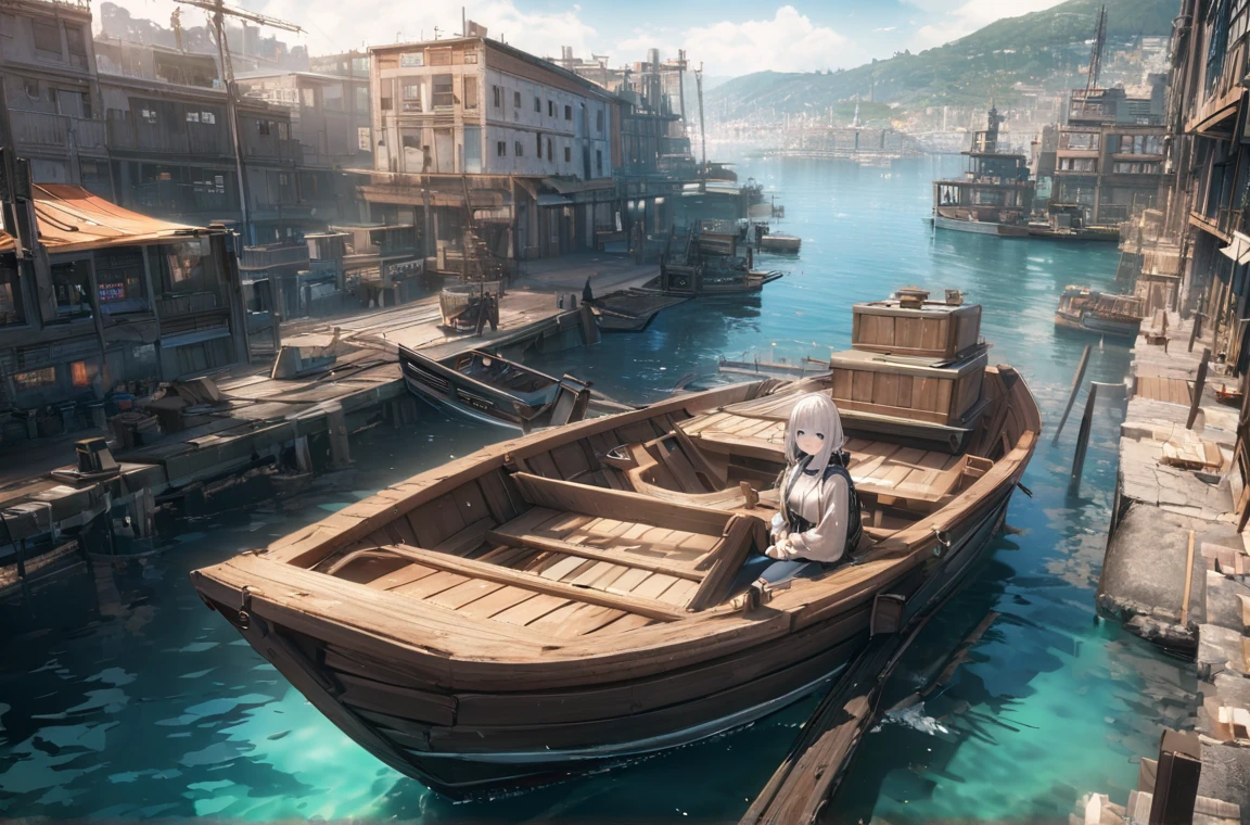 masterpiece, amazing quality, best quality, ultra-detailed, 8K, illustration, CG, shiny hair, clear skin, ultra-detailed-eyes, ultra-detailed-background, general, 1girl, urban port, city, sea, riding on little wooden boat,  girl looking around, カウボーイショット, 