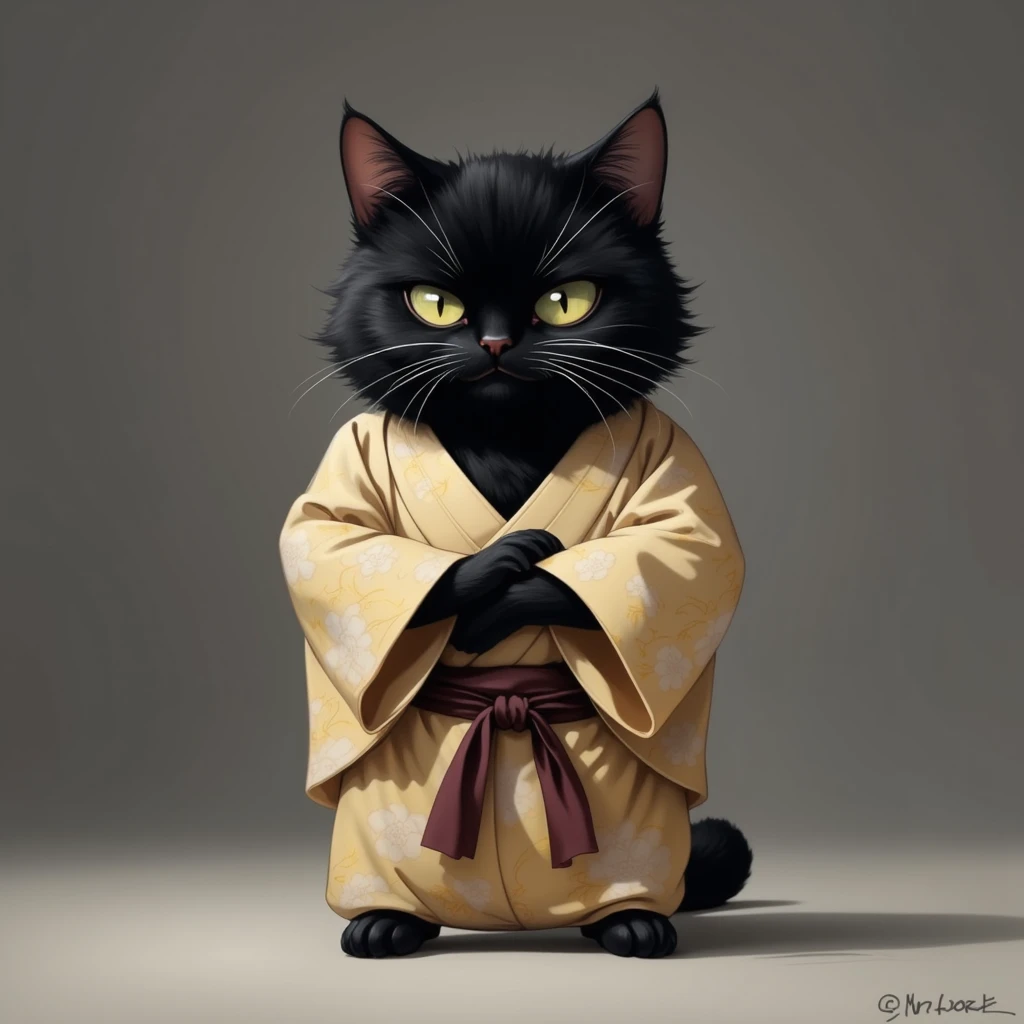 A realistic photo portrait of a gentle fluffy chubby black cat standing upright with its arms crossed. Wearing a Dogi, Japanese traditional uniform with hakama, The cat has a thick, soft beige fur coat, a round body, and sharp, piercing eyes that convey annoyance. The background is minimalistic, featuring a smooth gradient from dark gray to light gray, with a subtle textured floor beneath the cat. The lighting emphasizes the texture of the fur, creating a soft glow around the figure. The overall style is realistic with a touch of cartoonish exaggeration, focusing on the cat's expressive face and confident stance.