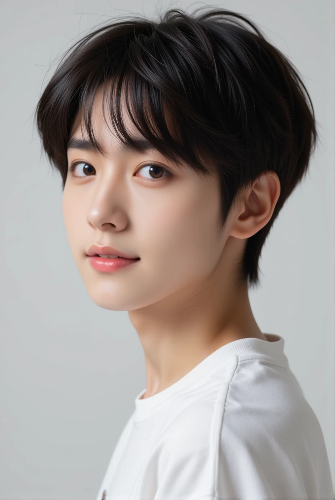  handsome mix korean japanese ten year old, , boy, short black hair, black detailed eyes, gentle smile, sharp eyebrows, round face, cool, detailed face, small nose, posing wtith ssummer wear, (((left side profile)))