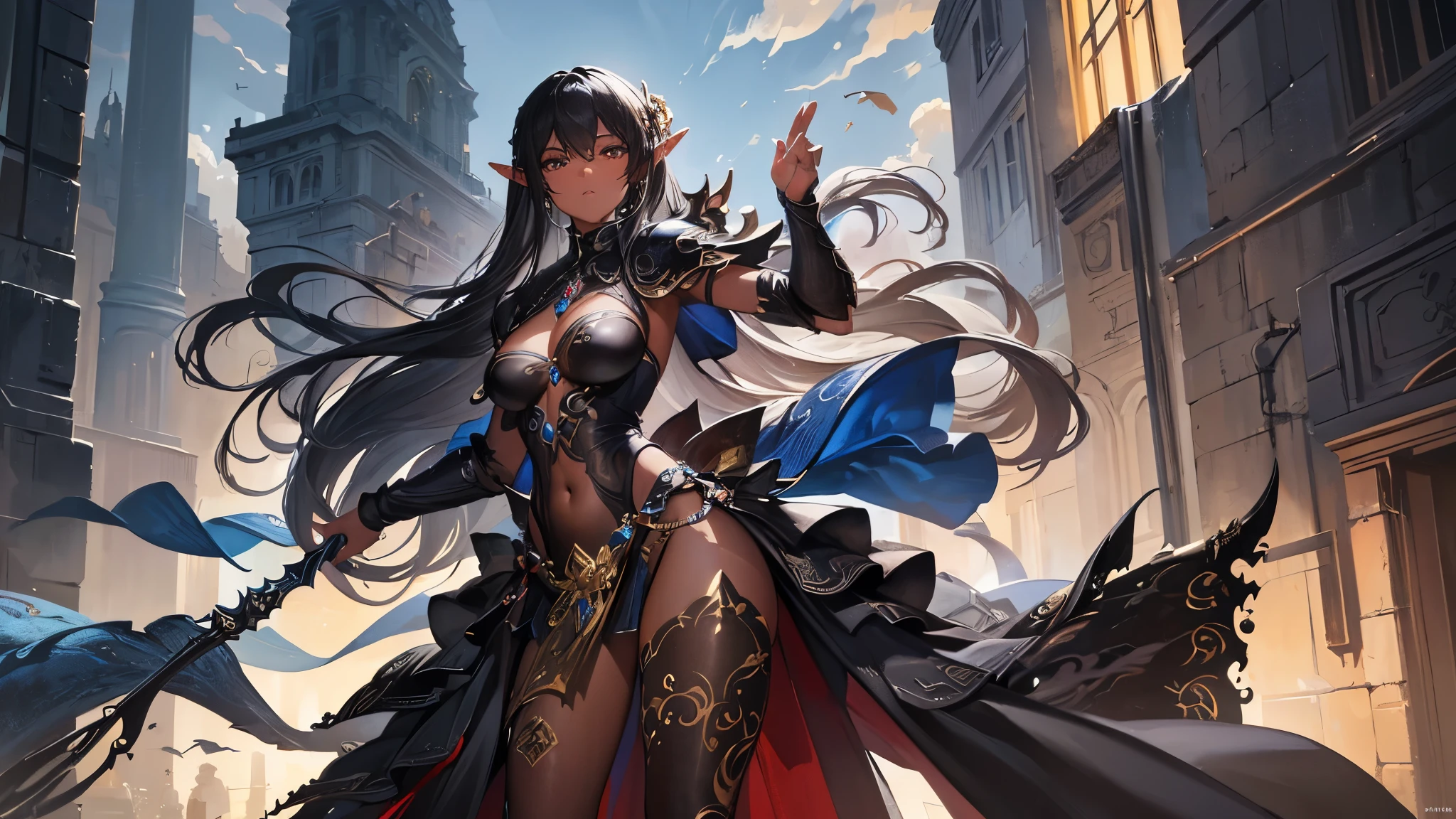 8k_wallpaper, extremely detailed eyes, extremely detailed body, (large masterpiece digital art), (detailed manga illustration), (detailed line art), ((perfect anatomy)), (intricate details:1.3), (ultra-detailed:1.3), (illustration:1.3), (sharp focus:1.3), (natural lighting:1.05), (vivid colors:1.3), (masterpiece), (best quality:1.4), (perfect anatomy:1.4), high quality, expressive eyes, full body, detailed face, beautiful face, perfect face, 1girl, dark skin, animal ears, black sclera, smile, colored sclera, breasts, solo, monster girl, black hair, (wolf ears), large breasts, curvy, wide hips, long hair, ((gold eyes)), claws, grin, fur, looking at viewer, collar, ((dynamic action pose)), tail, wolf tail, dragon horns, wings, sadistic smile, hair over eye, {regal outfit}, tiny top hat, (hellscape background), blue fire, curvy, china dress, dark skin,
