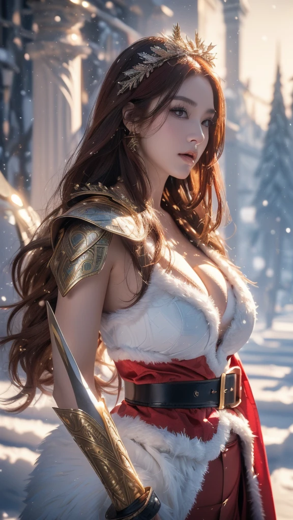 ((1 female)), ((16k)),  mature woman, (((obesity)))、((( slim waist )))、(((beautiful swedish model))),((( Female Warrior)))、  braids 、((( plump )))、Elegant Armor, 30-year-old woman,((( Santa Claus)))、((( long hair on background)))、((( red hair)))、(( RAW photos )), ((masterpiece)), ((( Santa Clausの衣装))),((( Santa Claus))) 、 Santa Clausの帽子、(Nimisca Santa )、 upper body，(((Big Breasts)))、 ((( super huge boobs))), (( tight waist))、(((Woman holding a sword)))、((( Santa Clausの服)))、 let go of her lips， makes lips look more attractive and gorgeous， complex details, A complex Greebles piece, masterpiece， BEST QUALITY AT ITS BEST， high definition ，8k，((Portraiture))，( upper body)， original photos， actual photo ， Digital Photo , Fine eyes and lips、(( slim waist ))，(Beautiful big pointy breasts, )((masterpiece)),  high definition , ( skin texture:1.1),  top quality, 超 high definition , ( realistic : 1.4),  RAW photos ,(( perfect face))、(((Intricately patterned armor)))， Rendering Reflection Texture,  sexy style, ((Outdoor))、 (((Winter Background:1.2))),((background snowy landscape ))、 Bold Poses、 (Ancient fantasy soldiers),(Ancient soldier armor), combat accessories ,(( eyeshadow))、 detailed hands 