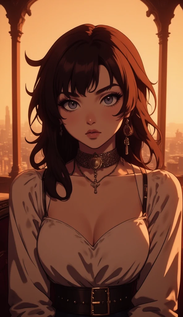 8k, masterpiece, cinematic, feminine boy, mature, (long and messy spiky hairstyle), neck piece, cross necklace (open chest blouse, white with outer), bust proportions, raytracing sunlight, art ddeco 