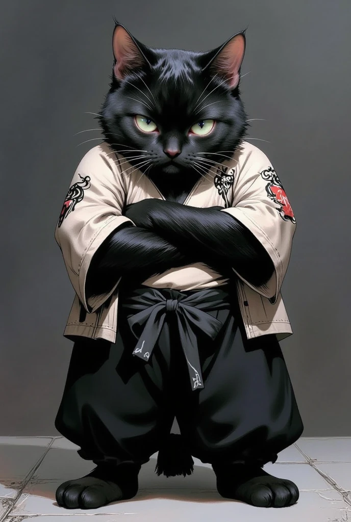 A realistic photo portrait of a grumpy, fluffy chubby black cat standing upright with its arms crossed. Wearing a Dogi and hakama with gothic pattern, Japanese traditional uniform with hakama, The cat has a thick, soft beige fur coat, a round body, and sharp, piercing eyes that convey annoyance. The background is minimalistic, featuring a smooth gradient from dark gray to light gray, with a subtle textured floor beneath the cat. The lighting emphasizes the texture of the fur, creating a soft glow around the figure. The overall style is realistic with a touch of cartoonish exaggeration, focusing on the cat's expressive face and confident stance.