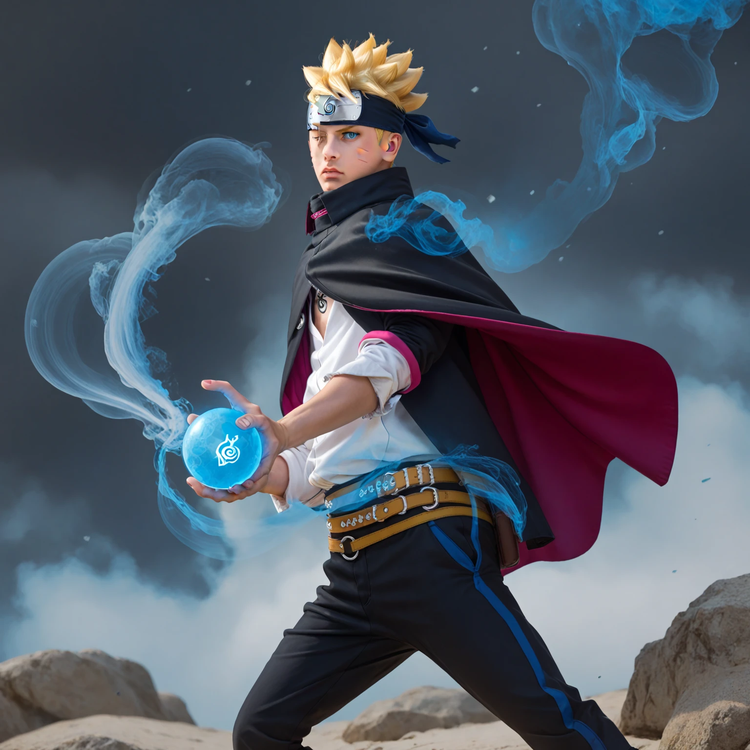 Boruto, 1boy, solo, fight pose, yellow hair, head protector, blue eyes, two black lines on the cheek, black cloak, black pants, gloves, rocks background, cowboy shot, one eyes closed,Textured Skin, hand carrying glowing blue ball, glowing ball, blue smokes in ball area, blue smoke vortex in ball, blue smoke overlay, smoking ball, realistic, wind effect