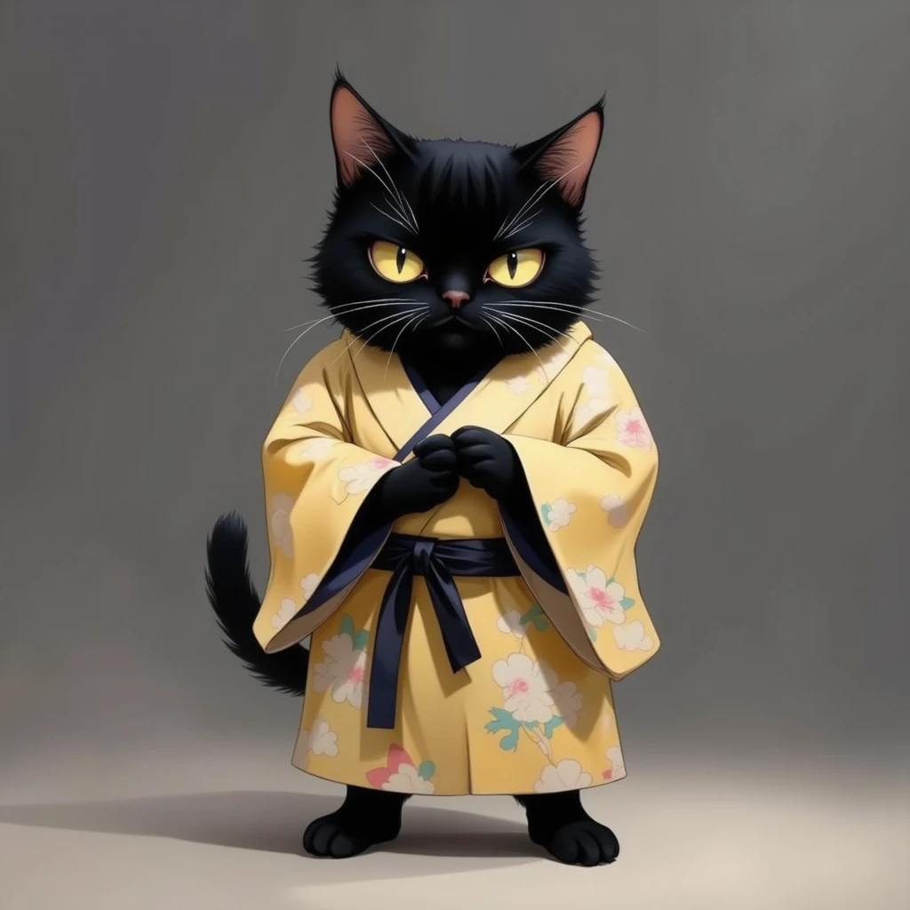 A realistic photo portrait of a gentle fluffy chubby black cat standing upright with its arms crossed. Wearing a Dogi, Japanese traditional uniform with hakama, The cat has a thick, soft beige fur coat, a round body, and sharp, piercing eyes that convey annoyance. The background is minimalistic, featuring a smooth gradient from dark gray to light gray, with a subtle textured floor beneath the cat. The lighting emphasizes the texture of the fur, creating a soft glow around the figure. The overall style is realistic with a touch of cartoonish exaggeration, focusing on the cat's expressive face and confident stance.