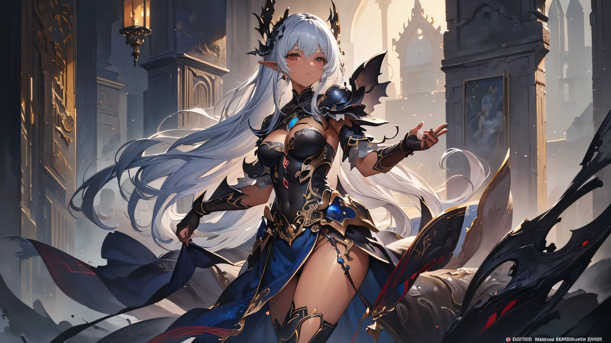 Elven female knight,Perfect slim body,Mature royal sister face,Double ponytail curls,Knight armor,Sensual and alluring,Nice face,Full body like,4K quality,Feminine expression,Blush shyness,Star-like deep eyes,Huge breasts,A short skirt,Knife pulling posture。Overflowing bust,Fight Warcraft,speed-line,Best quality at best,tmasterpiece,Magnificent background,On the battlefield,Clothes burst