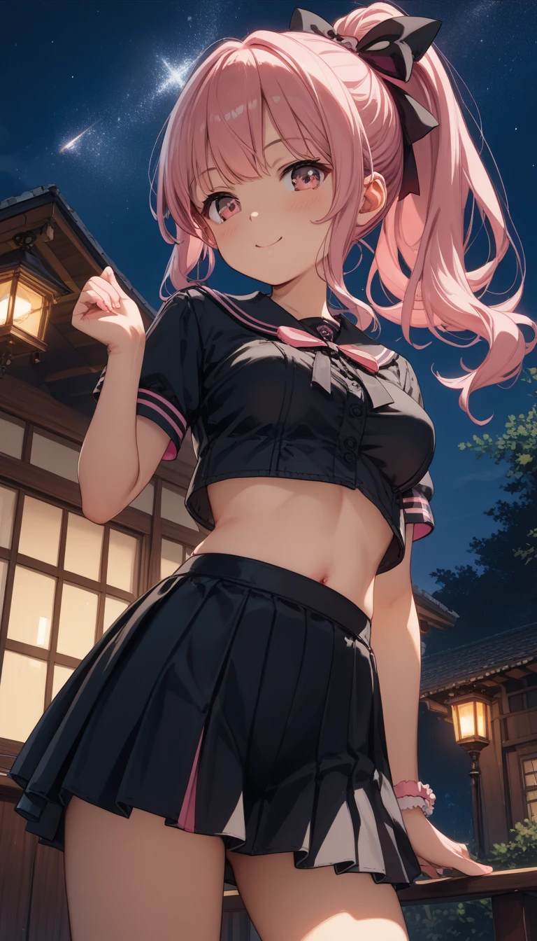 score_9, score_8_up, score_7_up,source_anime,anatomically correct, best perspective, 1 cute girl, pink hair, ponytail, black ribbon, pink eyes, 恥ずかしい顔, medium breasts, black onepiece,mini skirt,night,bet room、rating_explicit,uncensored,