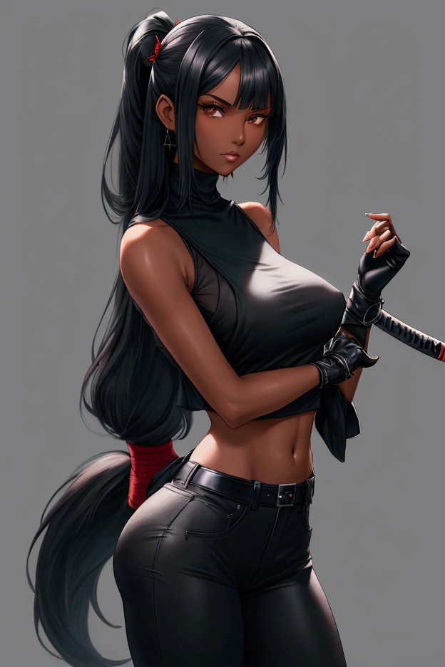  Girl with long black hair in a high tail with butterfly bangs,  slim build ,  dark skin, Big chicks, revealing  sleeveless blouse with turtleneck attached to the body (nsfw) ,  pachuco black pants , in his hands, fingerless gloves and holding a red saya katana
