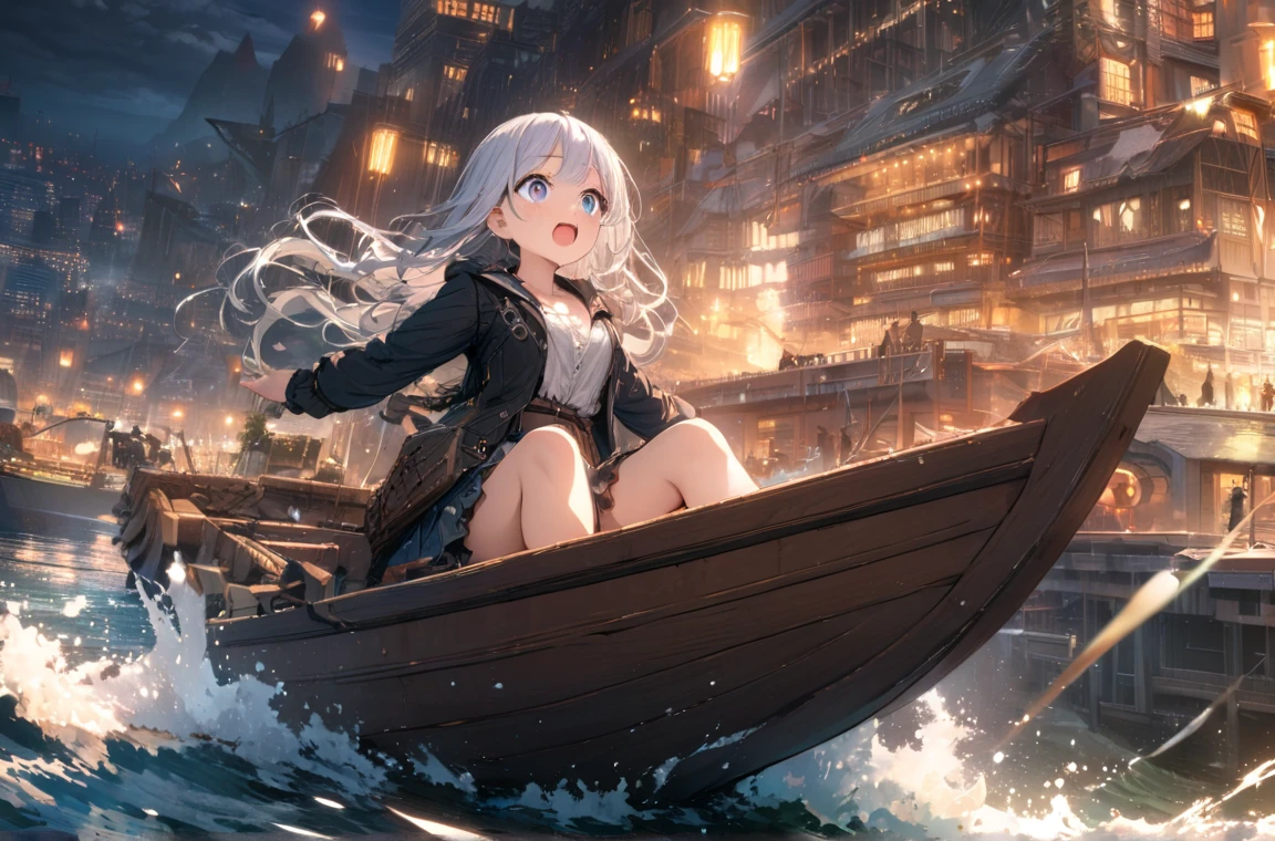 masterpiece, amazing quality, best quality, ultra-detailed, 8k, illustration, CG, shiny hair, clear skin, ultra-detailed-eyes, ultra-detailed-background, General, 1girl, urban port, city, sea, riding on little wooden boat,  girls looking around, Chest Circumference, excited, 