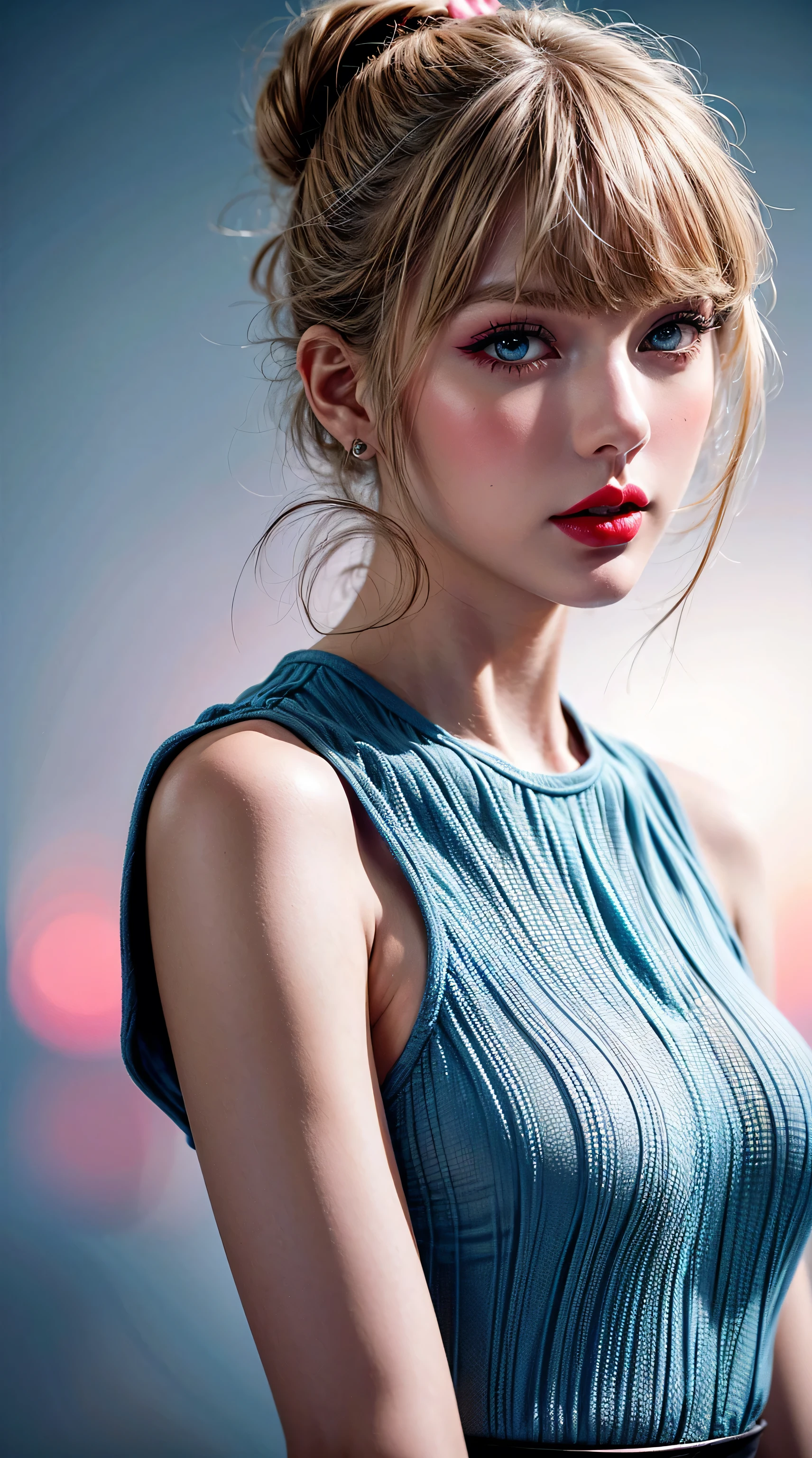 professional photography, {{{Ultra realistic portrait a Taylor Swift:1.4}}}, 18yo, pale skin, detailed facial features, close-up face, (apply glossy red_lipstick:1.3), (pink_makeup:1.28), (Intricate detail, light blue eyes), intricate hairstyle, elegant expression, graceful posture, complex clothing, highly detailed, photorealistic, cinematic lighting, dramatic atmosphere, digital painting, masterpiece