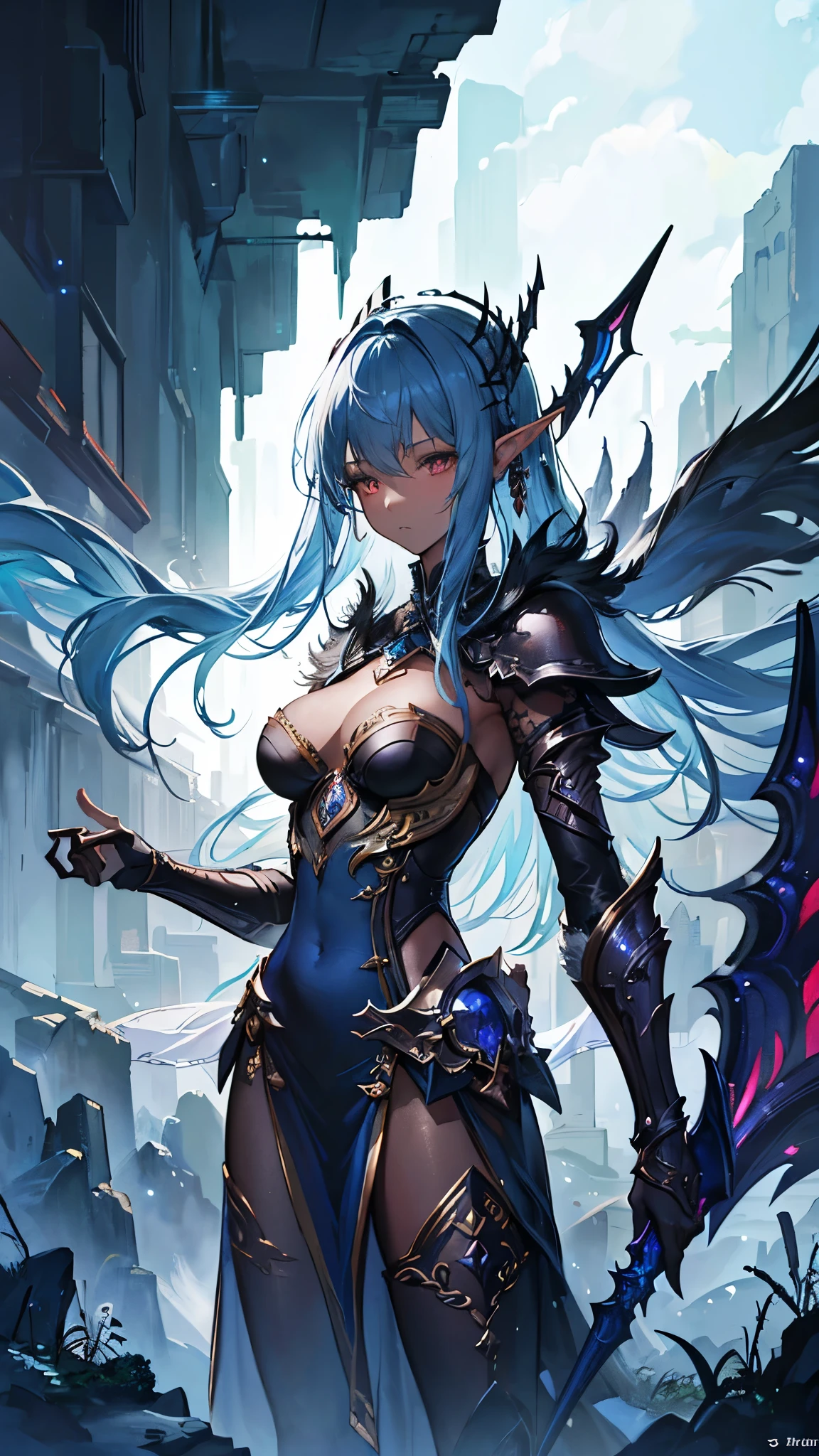 Blue-haired girl,Chest,cleavage,Azure Armor,tights,Dragon Horn,Dragon Wings,Dragon tail,iron skirt,thigh,Ice,Sword,Urban ruins