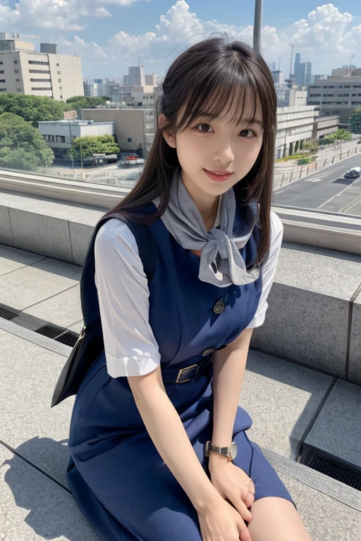 (masterpiece:1.2,  top quality:1.2), 32kHDR,  high definition , (Alone、 1 girl)、（Rooftop of a building during the day、  professional lighting ）、With the roof of the building in the background 、（ Realistic Style Japan Air System Flight Attendant Uniform Blue ）、（（Japan Air System Flight Attendant Uniform Blue Jumper Skirt with Buttons on Both Chest Pockets、 white short sleeve blouse 、 Light Blue Vest with Waist 、 wrap a scarf around your neck ））、 dark brown hair、（ long hair、Hair tied up、Hair tied up）、 dark brown hair、Long Hit、Big Breasts、Thin legs、（（ amazing hands：2.0）），（（Harmonious physique ：1.5）），（（Normal limbs：2.0）），（（Usually refers to：2.0）），（（delicate eyes：2.0）），（（Normal eyes：2.0））)、smile、（Japan air system cabincrew uniform blueを見せた美しい立ち姿）、Hands crossed underneath 