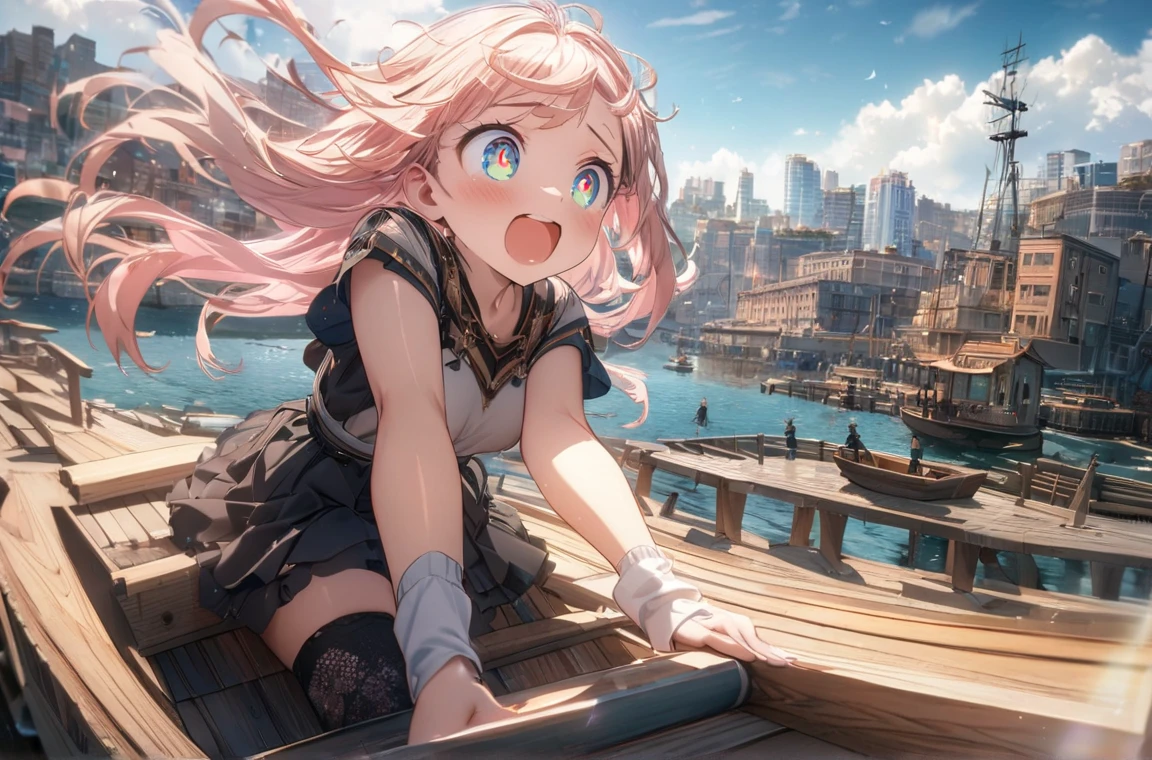 masterpiece, amazing quality, best quality, ultra-detailed, 8k, illustration, CG, shiny hair, clear skin, ultra-detailed-eyes, ultra-detailed-background, General, 1girl, urban port, city, sea, riding on little wooden boat,  girls looking around, Chest Circumference, excited, 