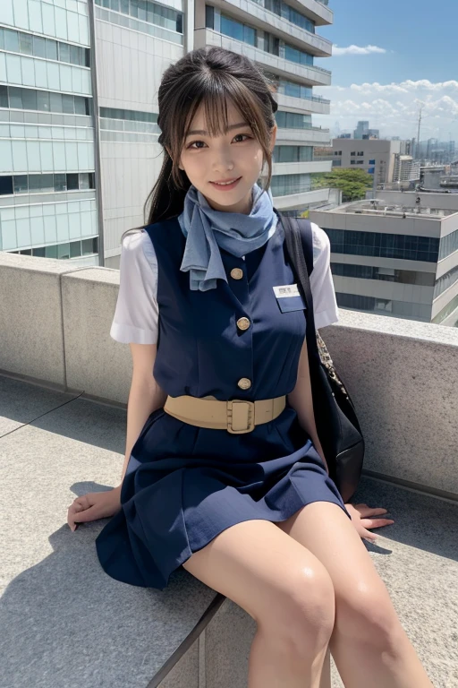 (masterpiece:1.2,  top quality:1.2), 32kHDR,  high definition , (Alone、 1 girl)、（Rooftop of a building during the day、  professional lighting ）、With the roof of the building in the background 、（ Realistic Style Japan Air System Flight Attendant Uniform Blue ）、（（Japan Air System Flight Attendant Uniform Blue Jumper Skirt with Buttons on Both Chest Pockets、 white short sleeve blouse 、 Light Blue Vest with Waist 、 wrap a scarf around your neck ））、 dark brown hair、（ long hair、Hair tied up、Hair tied up）、 dark brown hair、Long Hit、Big Breasts、Thin legs、（（ amazing hands：2.0）），（（Harmonious physique ：1.5）），（（Normal limbs：2.0）），（（Usually refers to：2.0）），（（delicate eyes：2.0）），（（Normal eyes：2.0））)、smile、（Japan air system cabincrew uniform blueを見せた美しい立ち姿）、Hands crossed underneath 