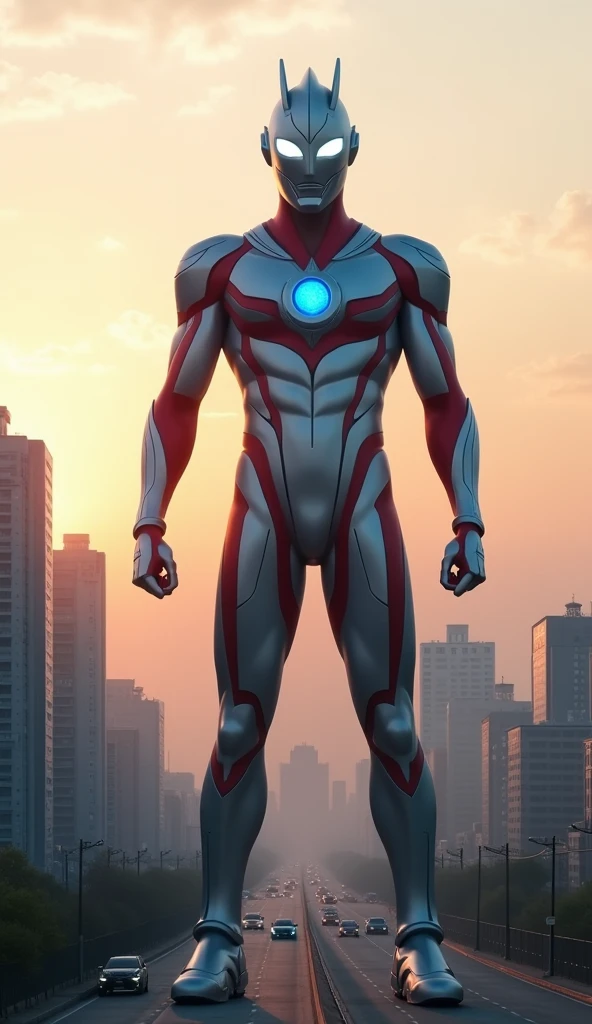 A towering Ultraman stands majestically in the heart of a modern city at dawn, his immense form casting a long shadow over the surrounding buildings, which look tiny in comparison. The first light of the morning glows softly across the city, casting hues of orange and pink in the sky. His sleek, futuristic armor is metallic silver, with bold red and blue accents tracing dynamic patterns along his colossal body, embodying the iconic Ultraman design. At his chest, the Ultraman Orb shines brightly, glowing with powerful blue energy.

With his left hand raised high, fingers outstretched, the giant Ultraman exudes confidence and readiness, as if commanding the morning sky itself. His right hand hangs by his side, clenched into a powerful fist, radiating strength. The soft dawn light glints off his polished armor, highlighting the majestic scale of his figure against the smaller, bustling city below.

The city appears still in awe, with the streets empty and the buildings dwarfed by his enormous presence. The early morning fog is beginning to lift, leaving behind a serene, peaceful atmosphere that contrasts with the overwhelming power of Ultraman, standing tall and imposing against the awakening world.