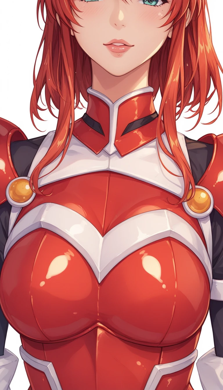 Rafa is taking pictures wearing a red and white costume, a portrait inspired by Ikuo Hirayama, Tumbler,  art, With all my heart and soul! Asuka&#39;s Suit, White and Red Armor , wear、Kudou Atsuko latex costume , Yokomatsugane as Shiranuhi dance ,  close-up shot , Full Cosplay