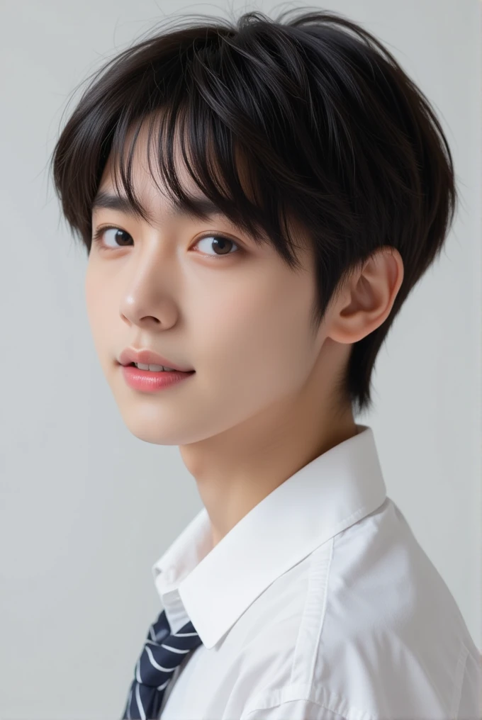  handsome mix korean japanese ten year old, , boy, short black hair, black detailed eyes, gentle smile, sharp eyebrows, round face, cool, detailed face, small nose, posing wtith ssummer wear, looking left, in shirt with tie