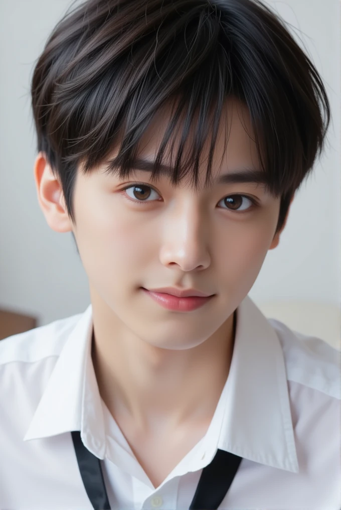  handsome mix korean japanese ten year old, , boy, short black hair, black detailed eyes, gentle smile, sharp eyebrows, round face, cool, detailed face, small nose, in shirt with tie