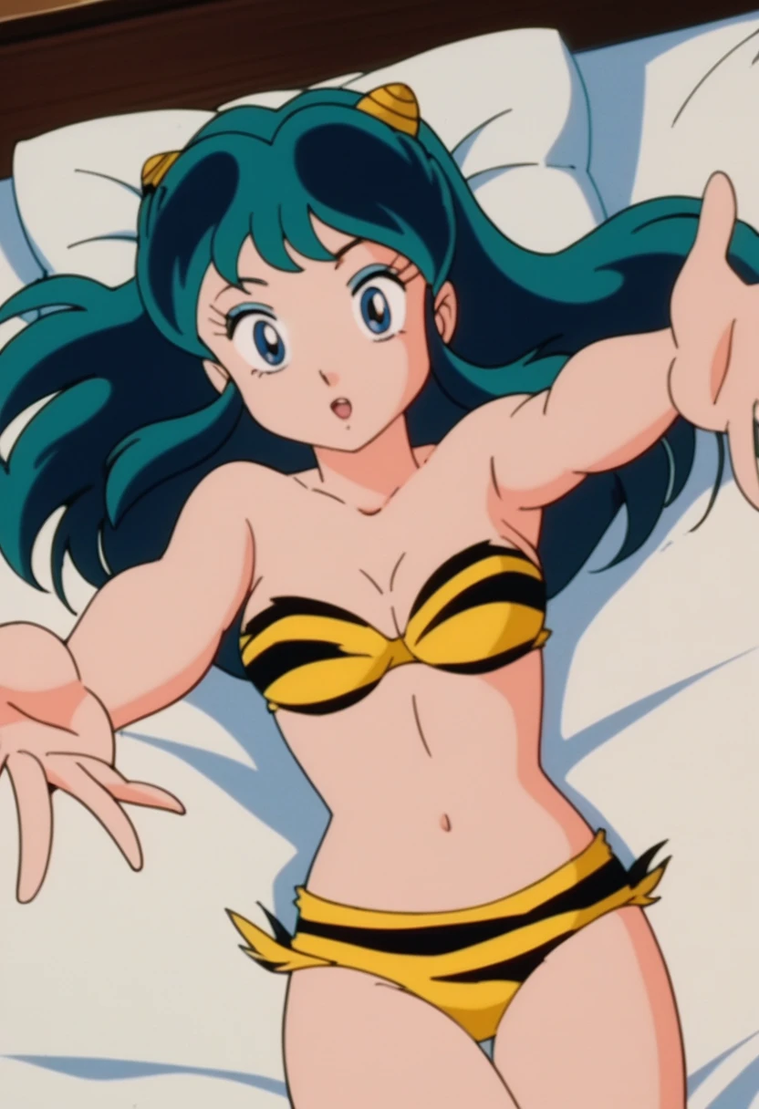 score_9, score_8_up, score_7_up, lum, solo, retro artstyle, 1980s style, breasts, blue eyes, eyeshadow, green hair, bangs, aqua hair, tsundere, dynamic angle, large breasts, large ass, loose cropped tiger-stripped sweatshirt, underboob, (cameltoe:0.6), skinny, thong, flashy clothing colors, textured clothing, embarrassed, japanese garden, bright sunny background, ExpressiveH, scenery, ultradetailed, highdefinition, ((flying, floating in air, anime japanese town, fly over houses, floating hair, wide view, from far)), pout, yandere, sparkling eyes, emotional expression, vintage comic style, pout, yandere, sparkling eyes, crazy eyes, fangs, drunk, motion blur, wide shot, motion blur, wide shot