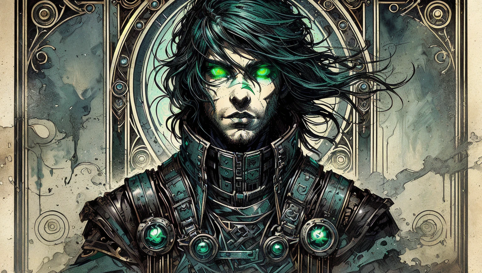 a close up of a warrior with green eyes and black steampunk armor, steel inquisitor from mistborn, fantasy rpg symmetrical portrait, high quality steampunk art, metal and glowing eyes, grimdark steampunk fantasy, dark fantasy style art, kerem beyit, digital steampunk art, corvo attano, gothic - cyberpunk, green glowing eyes, by Tyler Jacobson