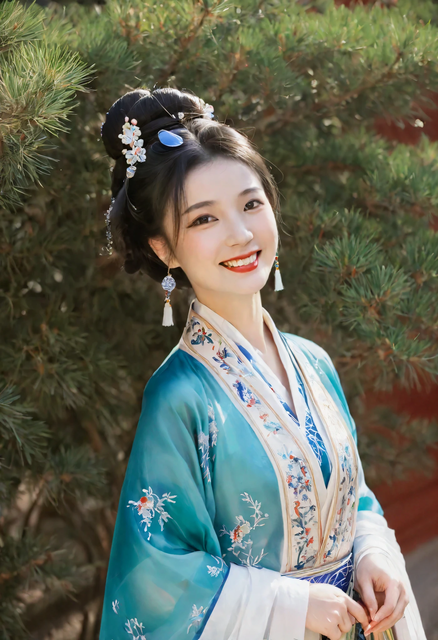 ((masterpiece,  top quality, edgQuality)),smile, Aoshio , a woman in a traditional chinese  dress poses for a picture , woman wearing a Aoshio _ dress, Aoshio _ haircut , Aoshio _ scarf 