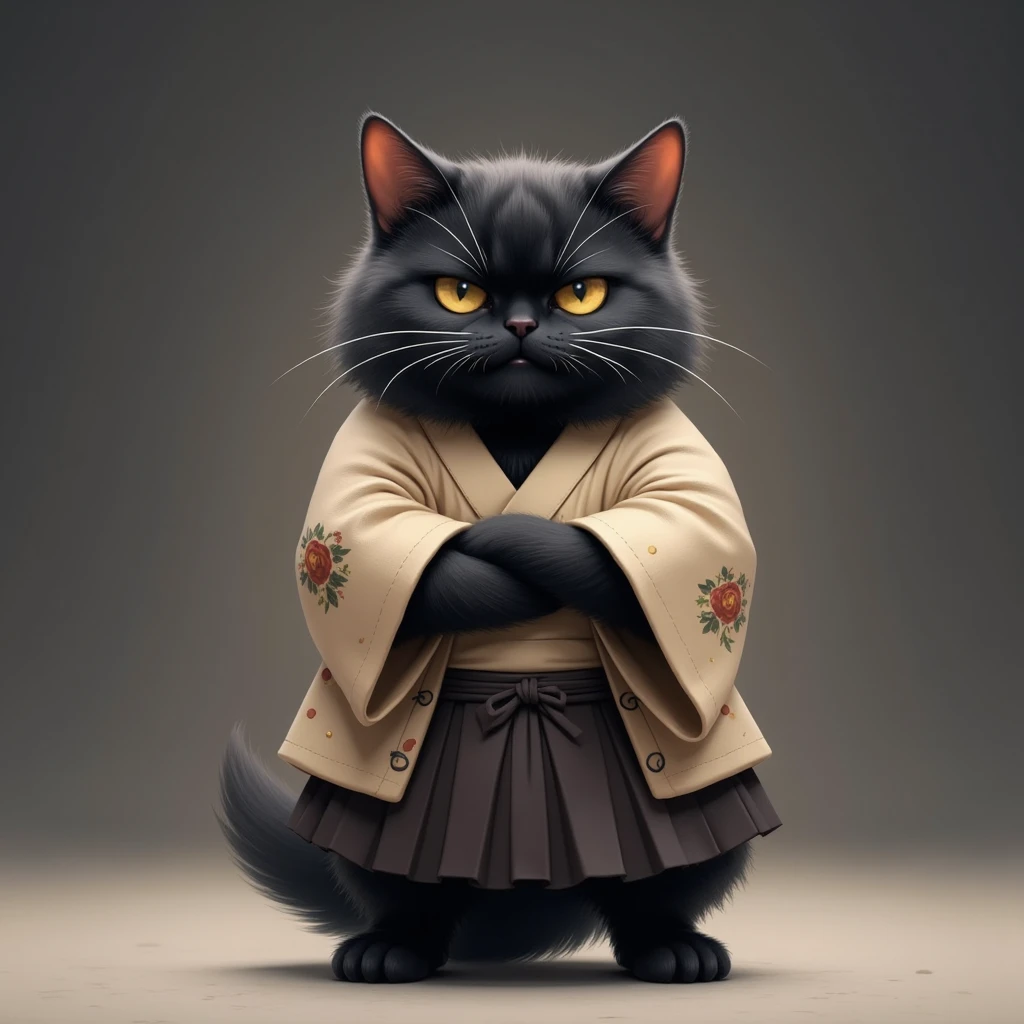 A realistic photo portrait of a grumpy, fluffy chubby black cat standing upright with its arms crossed. Wearing a Dogi and hakama with gothic pattern, Japanese traditional uniform with hakama, The cat has a thick, soft beige fur coat, a round body, and sharp, piercing eyes that convey annoyance. The background is minimalistic, featuring a smooth gradient from dark gray to light gray, with a subtle textured floor beneath the cat. The lighting emphasizes the texture of the fur, creating a soft glow around the figure. The overall style is realistic with a touch of cartoonish exaggeration, focusing on the cat's expressive face and confident stance.