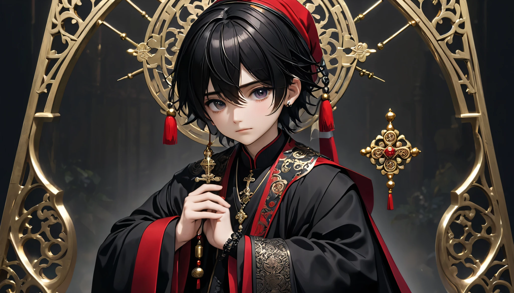 A boy wearing a Santa Claus hat holds a rosary or a small cross in his hand、 emphasizes the connection between faith and mystery 神秘的でゴシックな雰囲気を持つ、 create detailed, dark anime-style male characters。 This character is 、 have dark hair up to one side and sharp facial features 、It gives a sense of elegance and strength 。he、 with high collars and embroidered accents 、 adorned with ornate patterns and religious motifs 、 They wear intricately designed black clergyman costumes 。 The characters have rosaries or small crosses in their hands 、 emphasizes the connection between faith and mystery 。 background is rich in deep red and black tones, 、 feature gothic architectural elements such as iron lattices and religious symbols 、 has a dramatic and atmospheric setting 。 The overall style is highly detailed and cinematic 、 that focuses on the fusion of gothic and religious themes 。(best quality, 4K, 8k, highres icon, masterpiece:1.2), ultra-detailed, (realistic, photorealistic, photo-realistic:1.37), vivid colors, professional,