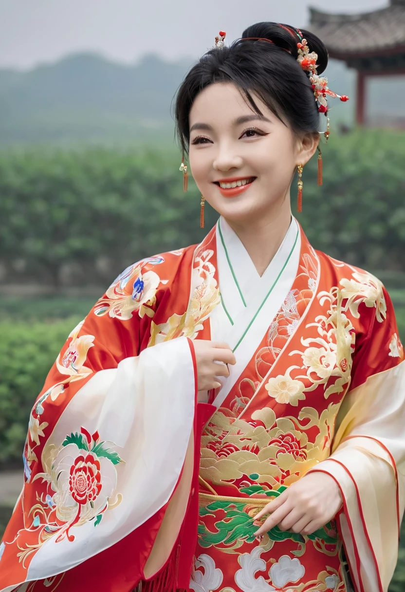 ((masterpiece,  top quality, edgQuality)),smile, Aoshio , a woman in a traditional chinese  dress poses for a picture , woman wearing a Aoshio _ dress, Aoshio _ haircut , Aoshio _ scarf 