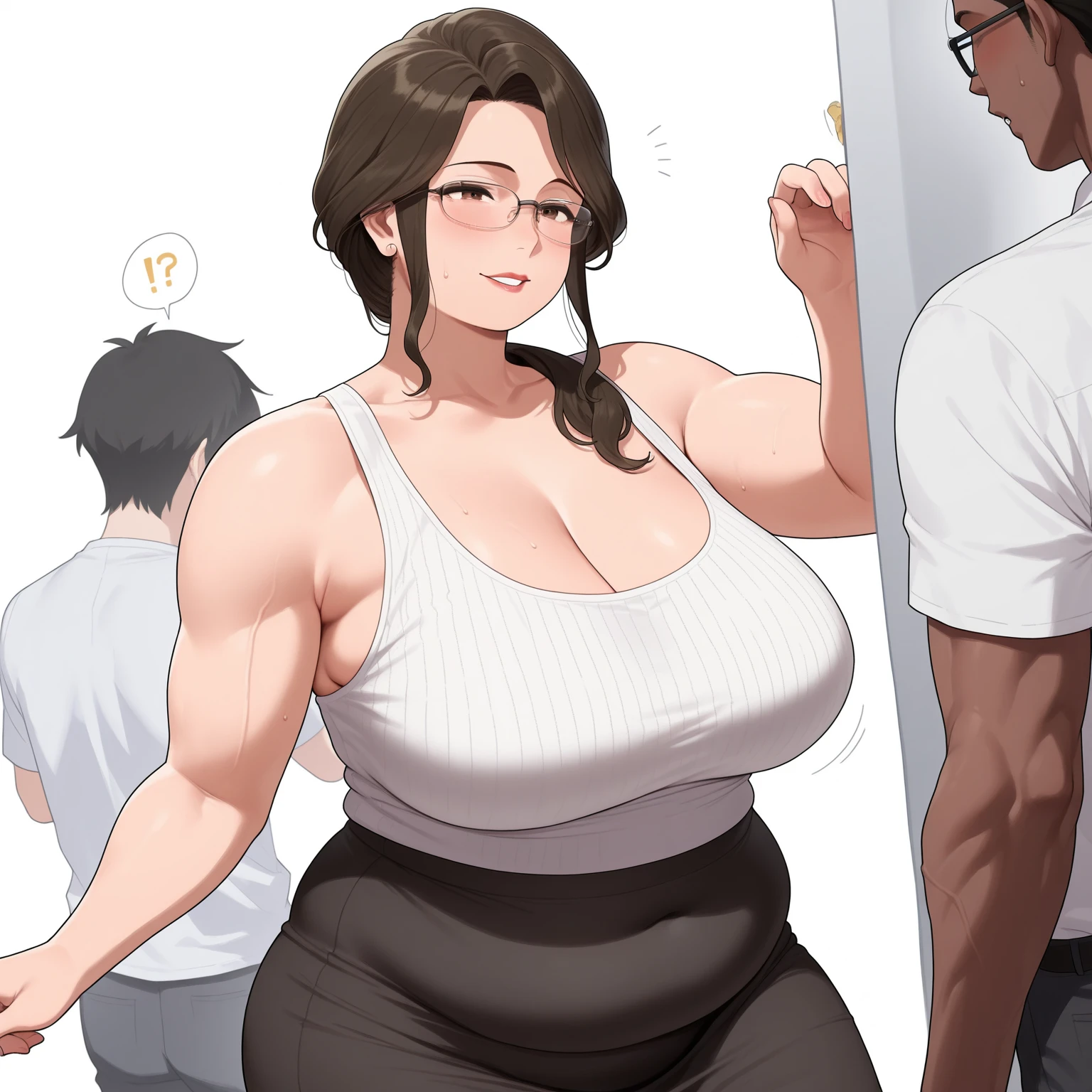  score_9,  score_8_up,  score_7_up,  score_6_up,  score_5_up,  score_4_up, Anatomically Correct 、 accurate human body、5 Fingers,Alone, 1 mature woman 、 1 tall, muscular, dark-skinned man、 Extremely Large Breasts 、 very big butt、 plump 、 chubby、Glasses、teacher、A man holds his waist、Flameout Man's Face 、 tank top、mature female, milf, motherly、nagaiti、