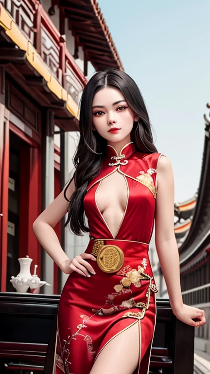 A ultra-detailed illustration of a glowing with incredibly detailed photorealistic elements. A deep, vibrant multicolored image showcasing an ultra-realistic Beautiful Chinese woman with black eyes and an hourglass figure. She has long black hair neatly tied up, standing on a cobblestone street at the Beijing Palace gates next to a horse-drawn carriage. She wears traditional Chinese clothing, a red silk qipao with intricate golden embroidery. Her skin is pure porcelain with red lipstick and refined contrast.