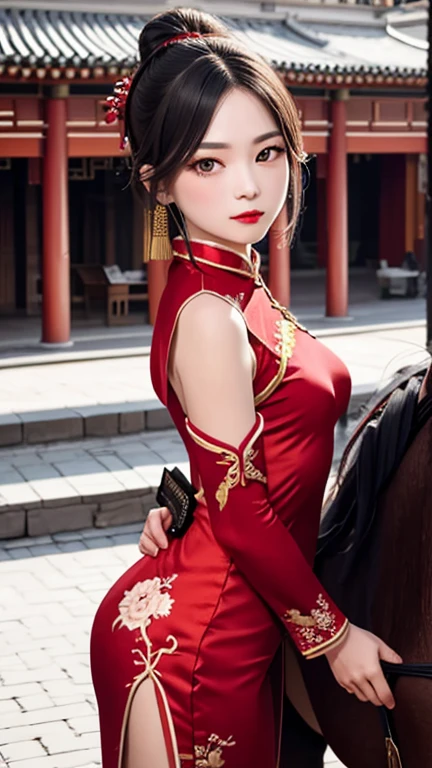 A ultra-detailed illustration of a glowing with incredibly detailed photorealistic elements. A deep, vibrant multicolored image showcasing an ultra-realistic Beautiful Chinese woman with black eyes and an hourglass figure. She has long black hair neatly tied up, standing on a cobblestone street at the Beijing Palace gates next to a horse-drawn carriage. She wears traditional Chinese clothing, a red silk qipao with intricate golden embroidery. Her skin is pure porcelain with red lipstick and refined contrast.