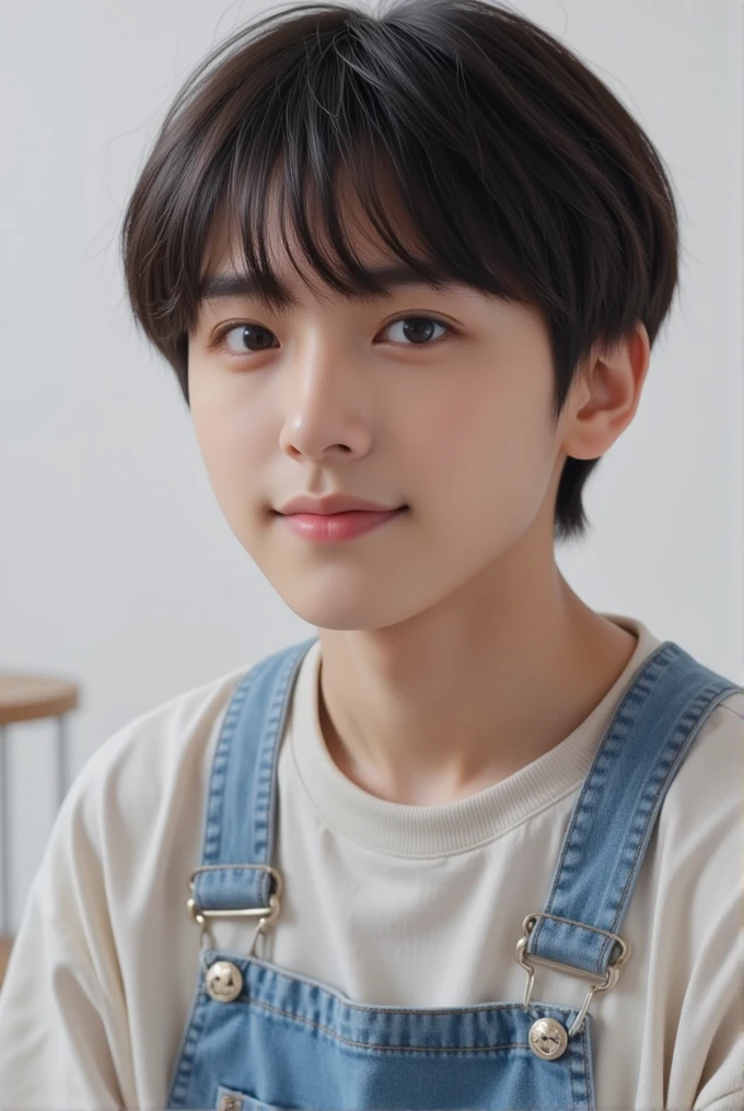  handsome mix korean japanese ten year old, , boy, short black hair, black detailed eyes, gentle smile, sharp eyebrows, round face, cool, detailed face, small nose, in t-shirt and jeans