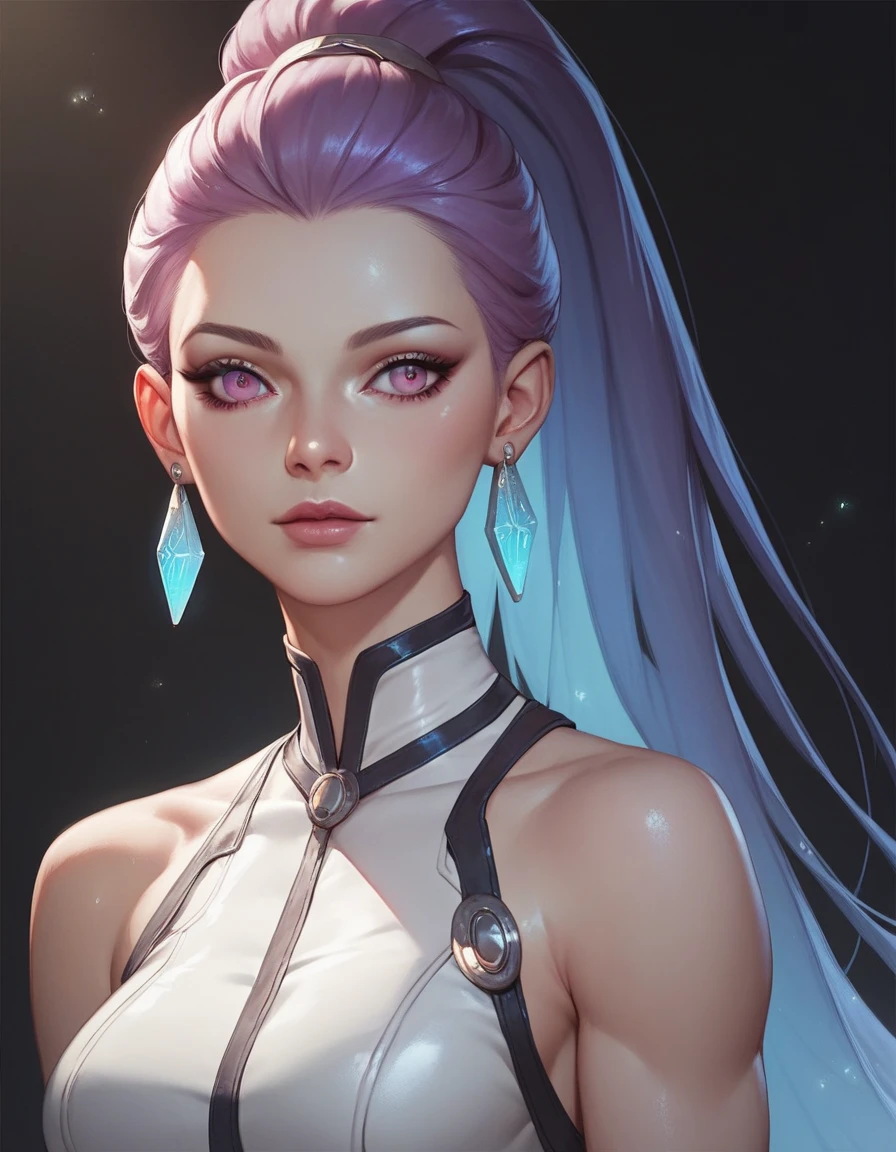 A Woman in Her 30s, Slim and Slender,
Long White Hair with Purple Highlights cascading down to the mid-back, adorned with fringes,
Black and Silver Armor with Pink and White Details, accessorized with White Leather Gloves,
Her refined and sexually appealing face,
Lilac-Rose Glowing Eyes with a Feline Effect, ((height:1.2)),
Her cherished Caramel-Colored Malinois Shepherd Dog, half-cyborg with a black snout and purple locks on its paws,
Set against a backdrop of a futuristic landscape, enveloped by a