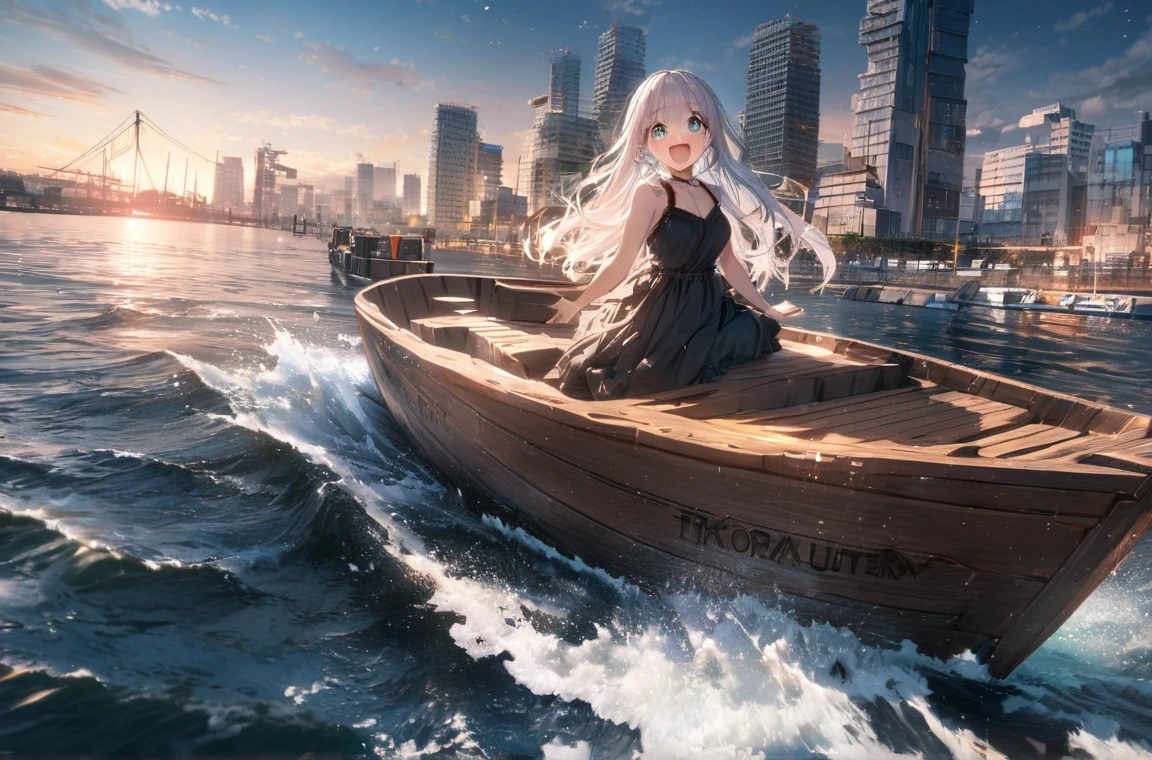 masterpiece, amazing quality, best quality, ultra-detailed, 8k, illustration, CG, shiny hair, clear skin, ultra-detailed-eyes, ultra-detailed-background, 1girl, urban port, city, tokyo, sea, riding on little wooden boat,  girls looking around, Chest Circumference, excited, 