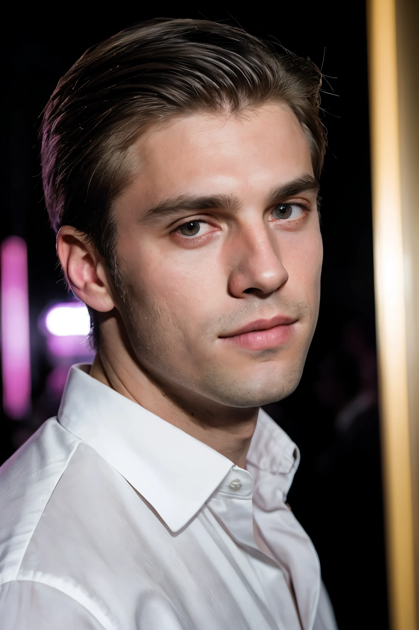 Portrait, shot on leica, shadowplay, gorgeous lighting, subtle pastel hues, nightclub ,Handsome men,solo
