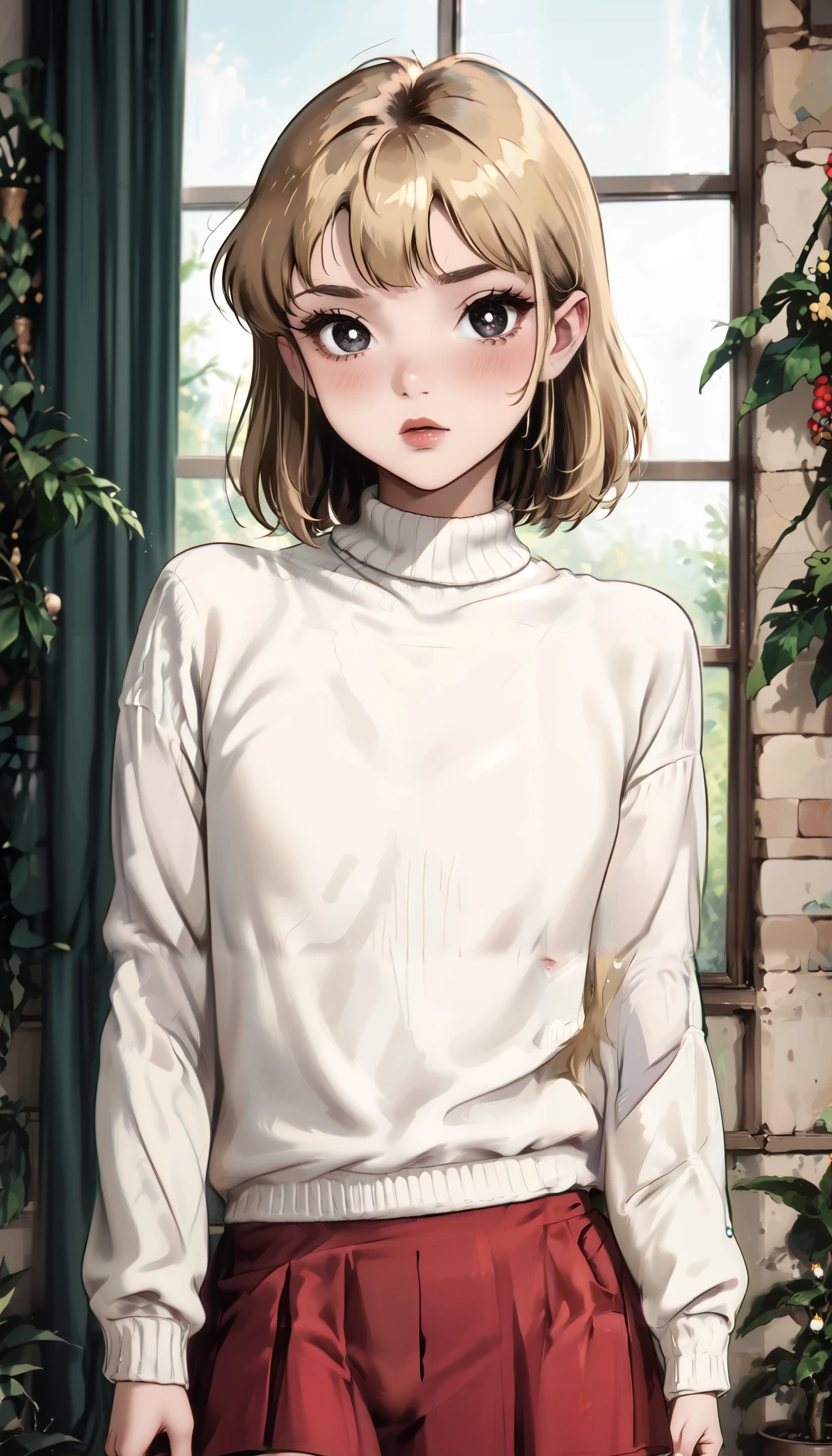 1 girl, Shizuka, blonde hair, black eyes, blunt bangs, medium hair, nsfw, (cameltoe), (skirt flip), (blush: 1.2), (lips parted), bare shoulders, red skirt, (white sweater), long sleeves, off shoulder, off shoulder sweater, puffy sleeves, skirt, sweater, white ribbon, (medium bust), standing, curtains, houseplant, looking at viewer, , (upskirt), (panties fully visible), (masterpiece: 1.2), best quality, high resolution, 8k wallpaper, (illustration), (beautifully detailed eyes), highly detailed face, perfect lighting, highly detailed CG, (perfect hands, perfect anatomy)