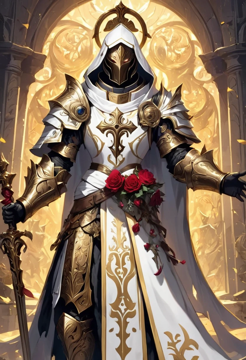 inquinia, (masterpiece, best quality, ultra-detailed, best shadow), (detailed background, dark fantasy), templari, priest, medieval armor full gold. League of legends stile.