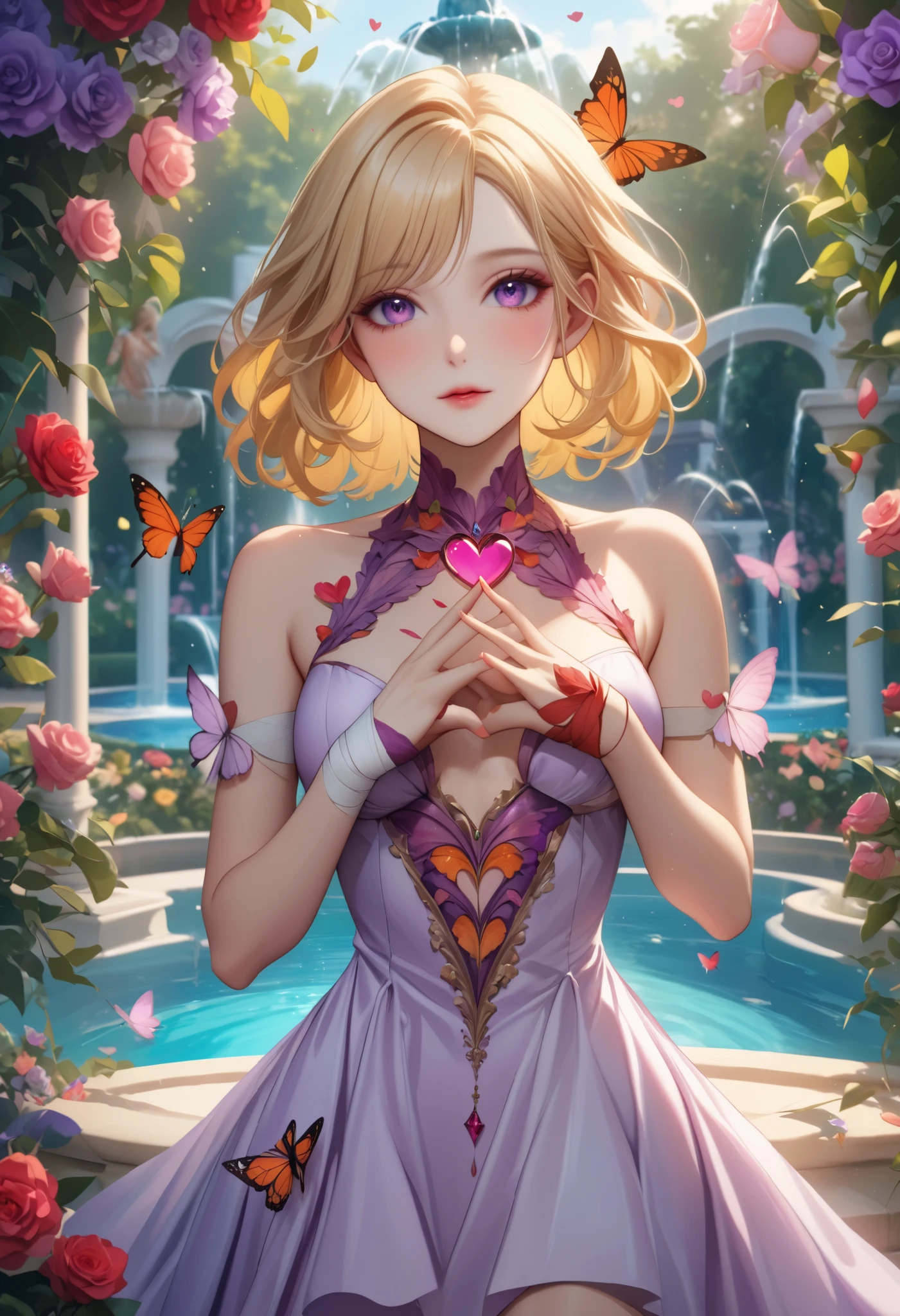  girl , Shows the Heart with ,  Beautiful,  sexy,  blond hair,  Light Makeup , dressed in a dress,  red-purple, decorations, Butterflies, hearts, flowers,  Beautiful facial features ,  bandage perfect anatomy,  Background Beautiful Garden , fountain , Beautiful petals, 8 k,  masterpiece fails,  complex , bright colors,  as much detail as possible ,  better quality ,
