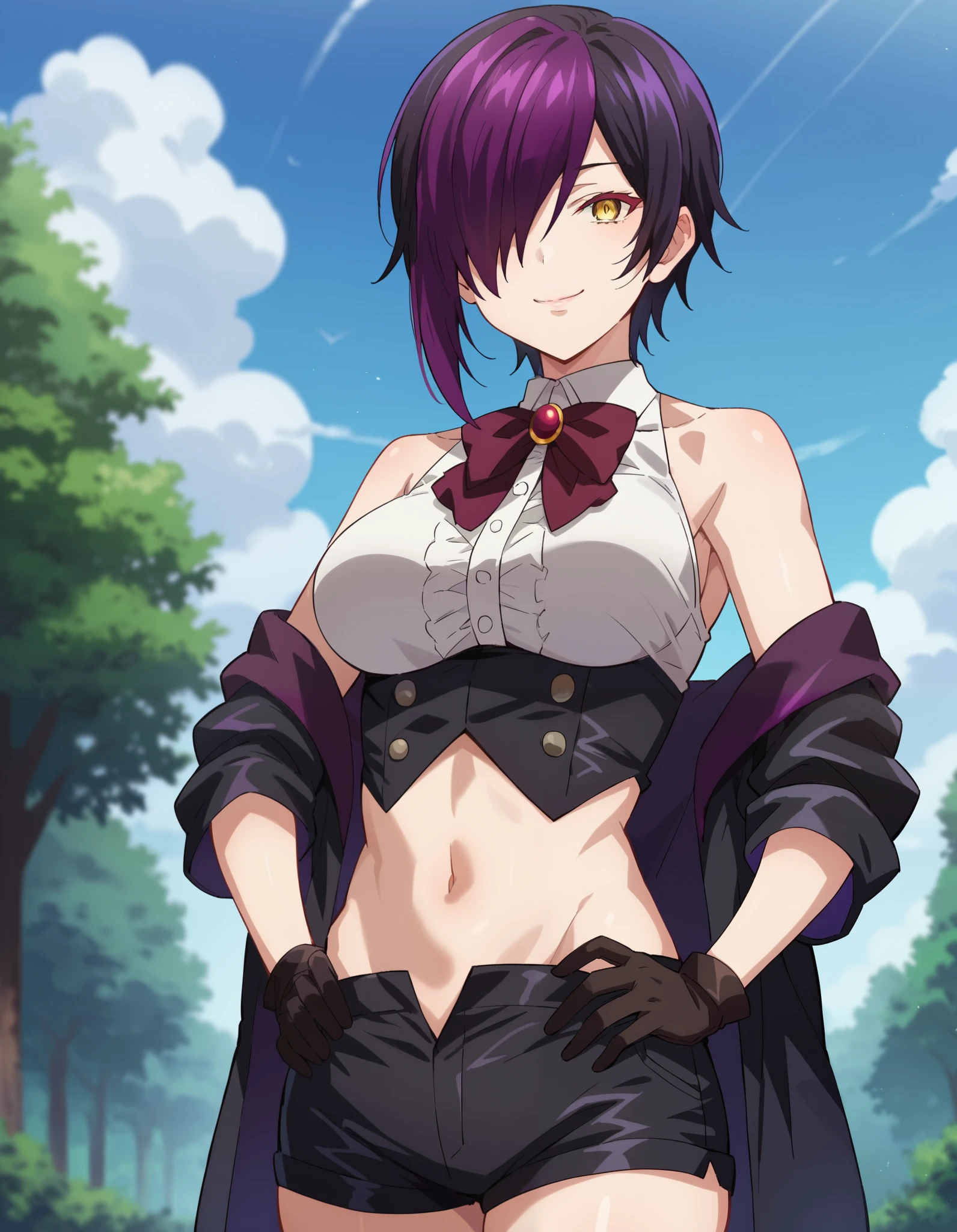 score_9,score_8_up,score_7_up,score_6_up,score_5_up,score_4_up BREAK  nihilo,source_anime, 1girl, solo, hair over one eye, yellow eyes, short hair, black hair, white collared shirt, purple hair, looking at viewer, bare shoulders, sleeveless, wine bowtie, standing, black short shorts, tree, official style, off shoulder, sky, closed mouth,smile,red eyelashes, center frills, streaked hair, black gloves, outdoors, day, black open coat, medium breasts, cloud, red brooch, blurry, cowboy shot, one eye covered, underbust, blue sky, cloudy sky black corset,silver buttons,grey buttons,hands on own hips,nature, (from side:0.8)  (nsfw) not safe for work, bellybutton showing, exposed navel, exposed bellybutton,holding a gun,handgun, evil expression, exposed belly, exposed navel, exposed midriff, exposed lower belly   