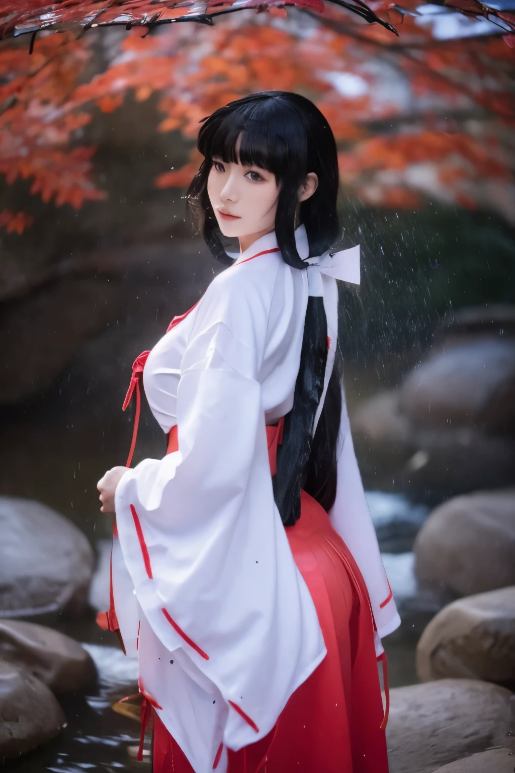 Shrine maiden:1.5　Beauty　 high image quality　Beautiful breasts　 big boobs 1.2　nsfw　Wet clothes 1.3　 wet hair:1.4　 pink nipples 　 pretty nipples with visible buttocks　rain 　Please let your bangs hang for a long time, natural line of sight