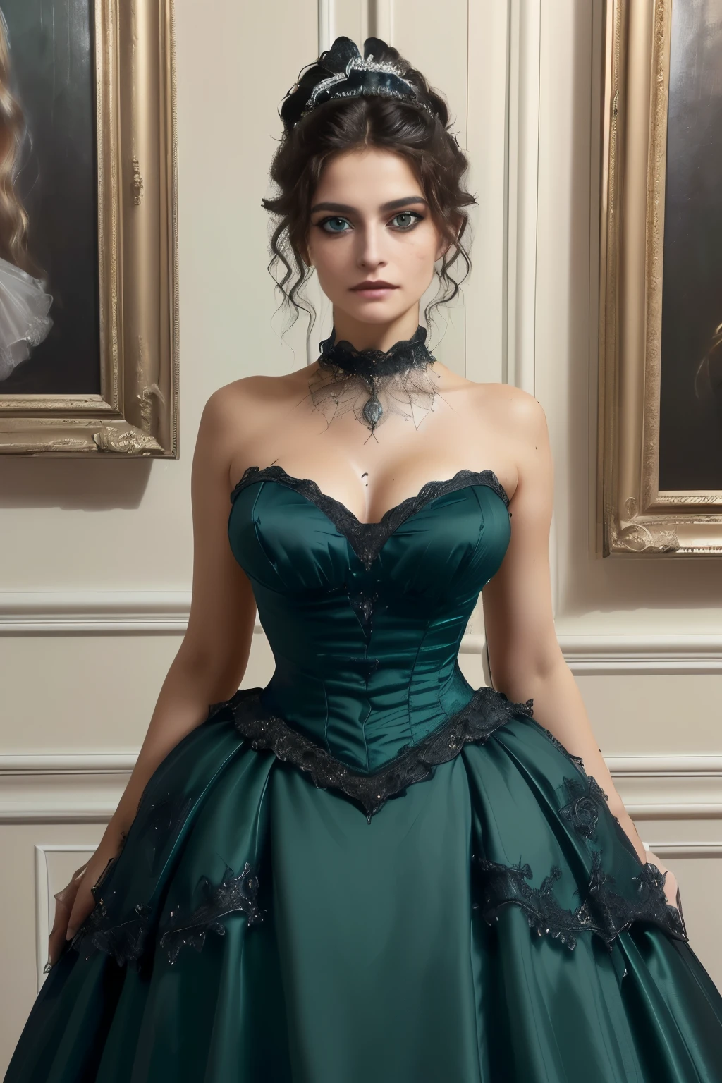 VICTORIAN LADY, Victorian, Victorian girl, Victorian woman:1.5), (Thin; 1.3) , (eleonora p pavinato: 1.1) , (happy smile), (gas lamp lighting:1.3), (ball gown, (decollete), elite high class ball, beautiful Victorian ball room, large ball room lined with expensive paintings, ball room full of guests dancing:1.2), (ultra realistic, realistic, photorealistic, photo realistic, photorealism, photo realism), (maximum quality, ultra-detailed, insanely detailed, highly detailed, high quality, uncompressed, raw source photograph((Very dark green eyes), striking eyes, captivating eyes, mesmerizing eyes, glittering eyes, Fae eyes), (porcelain skin, elegant neck, expressive eyes, wide eyes, large eyes, narrow defined jawline, high defined cheekbones:1.2), (Full figure photo :1.5), (eleonora p pavinato: 1.1)