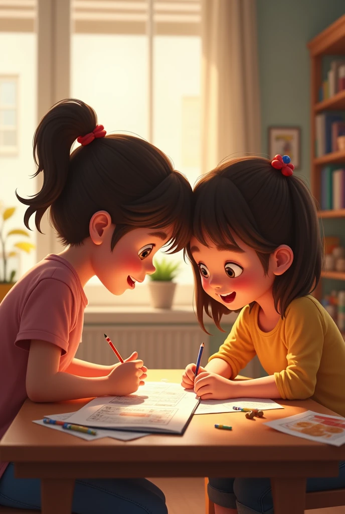 Girl with dyslexia problems and the teacher supporting her in the classroom
