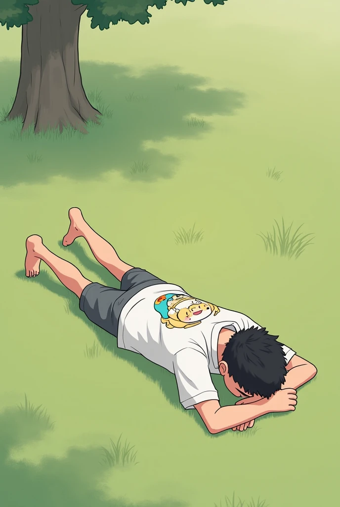 Create an image of a manga-style boy character lying on a bed. Wear a t-shirt that glows from a mobile phone placed face down on your chest. The character is covering his face with his palms and appears to be crying. The background is dark and simple.