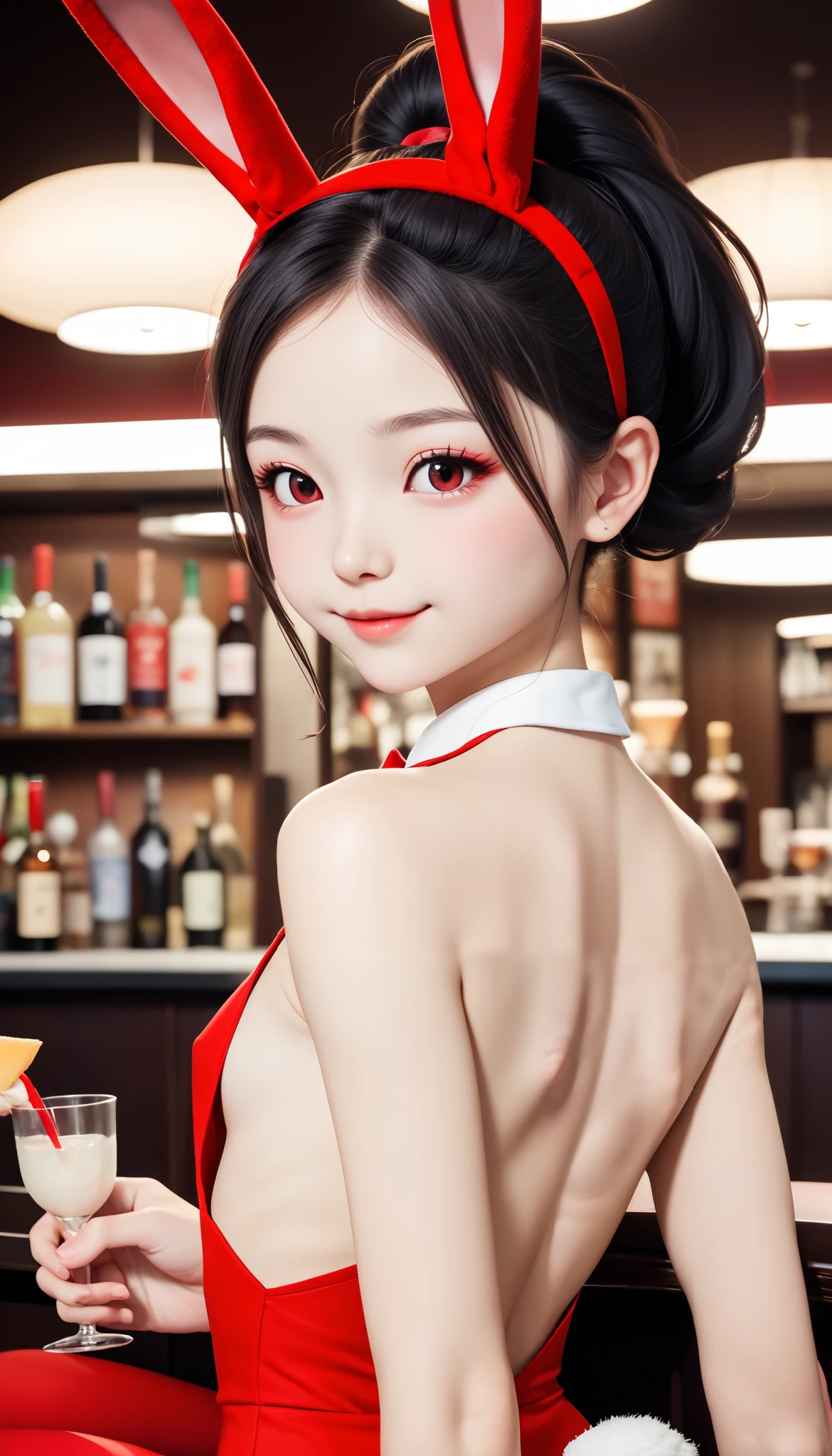 anatomy、 Perfect style girl 、  one woman、２０、Perfect looks、  cute face、  slender body 、  small breasts、   beautiful black hair   、 Attractive Butts 、 Thick Ass,Upper body angle、(((red衣装、red  Bunny Girl の衣装、  Bunny Girl 、red)))、  dim room、Night Bar、bar、  Stylish Indirect Lighting、Cocktail Bar