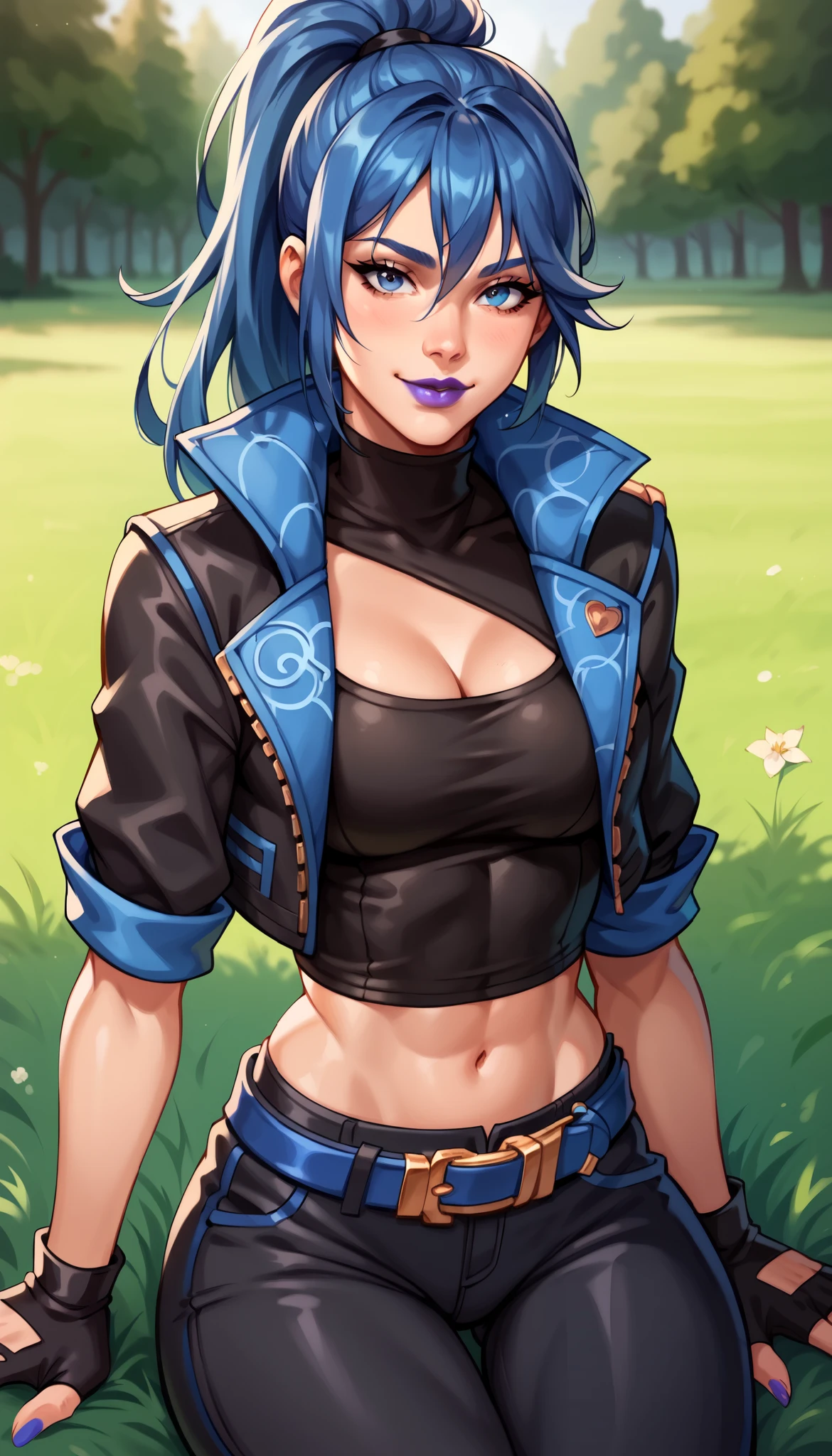 BREAK,  FNHeroHop, blue hair, ponytail, blue eyes, purple lips, open collared jacket, clothing cutout, short sleeves, black turtleneck, midriff, fingerless gloves, grass, seductive smile, looking at viewer,  breasts, 1 girl, solo,