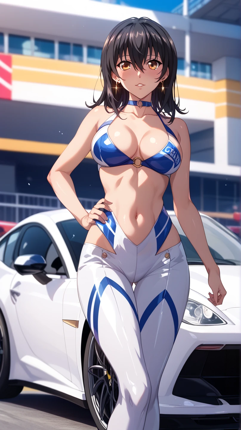 ( super high resolution 、 highest image quality taken by Ki、 top quality、 More Details:1.2)、(Himeragi Yukina:1.25)、 1 woman 、solo、 black hair、Shiny Hair、 bangs between eyes、 golden eyes、Glamorous eyes、 textured skin、 Race Queen costume、circuit、 racing cars on racing、Shiny Earrings、 choker 、 standing、whole body、front、 from before、blush、 smiles、