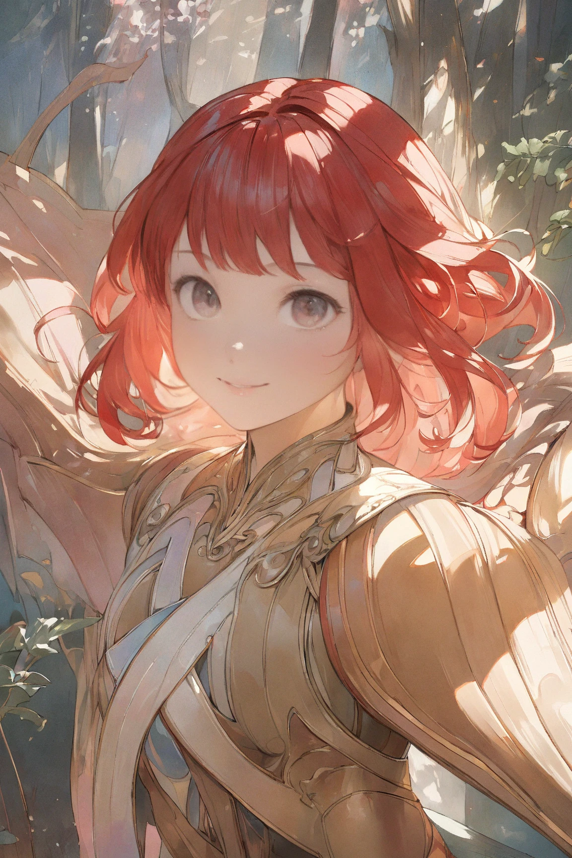 A young, cheerful woman with short, vibrant red hair, large bust, wearing form-fitting fantasy-inspired leather armor that suggests agility and freedom of movement, smiling confidently, standing in a lush, sunlit forest with soft rays of light filtering gently through dense foliage, Japanese animation tone, acrylic watercolor painting style, hyper-detailed facial features, intricate linework, vibrant pastel color palette, subtle shading, delicate brushstrokes, exquisite textures, hand-painted feel, ultra-sharp focus, 8k UHD, extremely realistic lighting, cinematic framing, atmospheric depth, polished and refined composition, professional illustration quality, masterpiece-level detailing, no unwanted artifacts, perfect anatomy and proportions, slightly dynamic pose, visually striking contrast, aesthetically pleasing balance, impeccable rendering of materials, natural skin tones, subdued background elements that enhance subject focus, premium-grade illustration, vibrant yet harmonious hues, hint of gentle breeze indicated by slight movement in her hair, graceful and confident demeanor